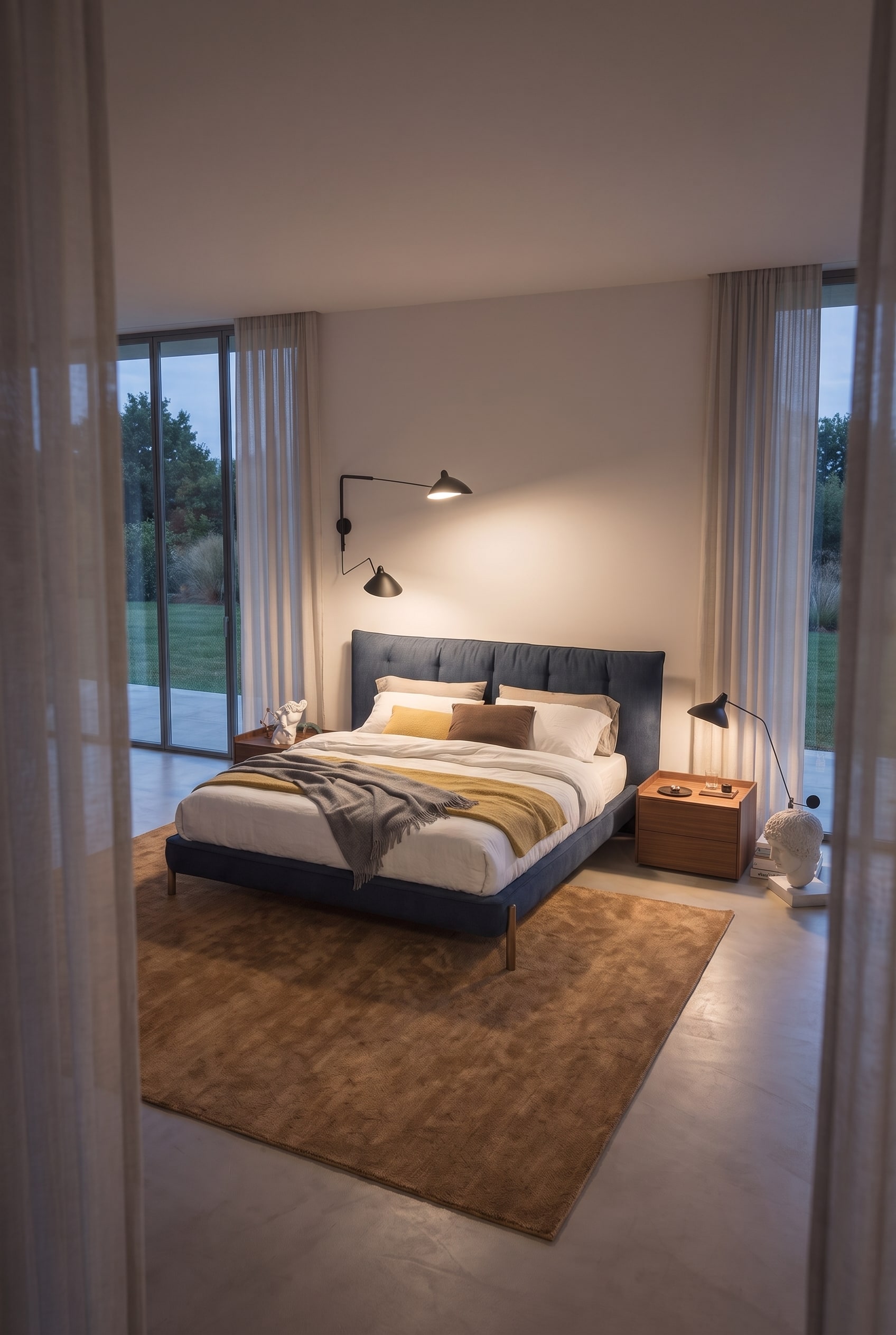 Am&eacute;nagement sym&eacute;trique de la chambre avec un grand tapis sous un lit rembourr&eacute; bleu fonc&eacute;, encadr&eacute; par des rideaux transparents.