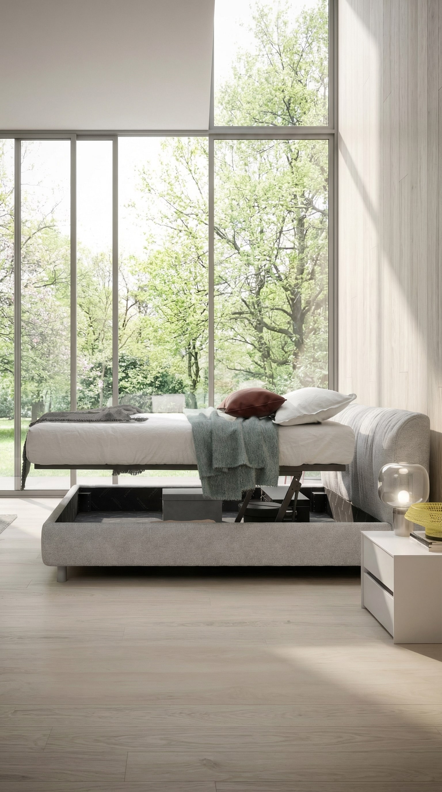 Novamobili gestoffeerd bed Belleville met bedlade in een lichte, lenteachtige slaapkamer