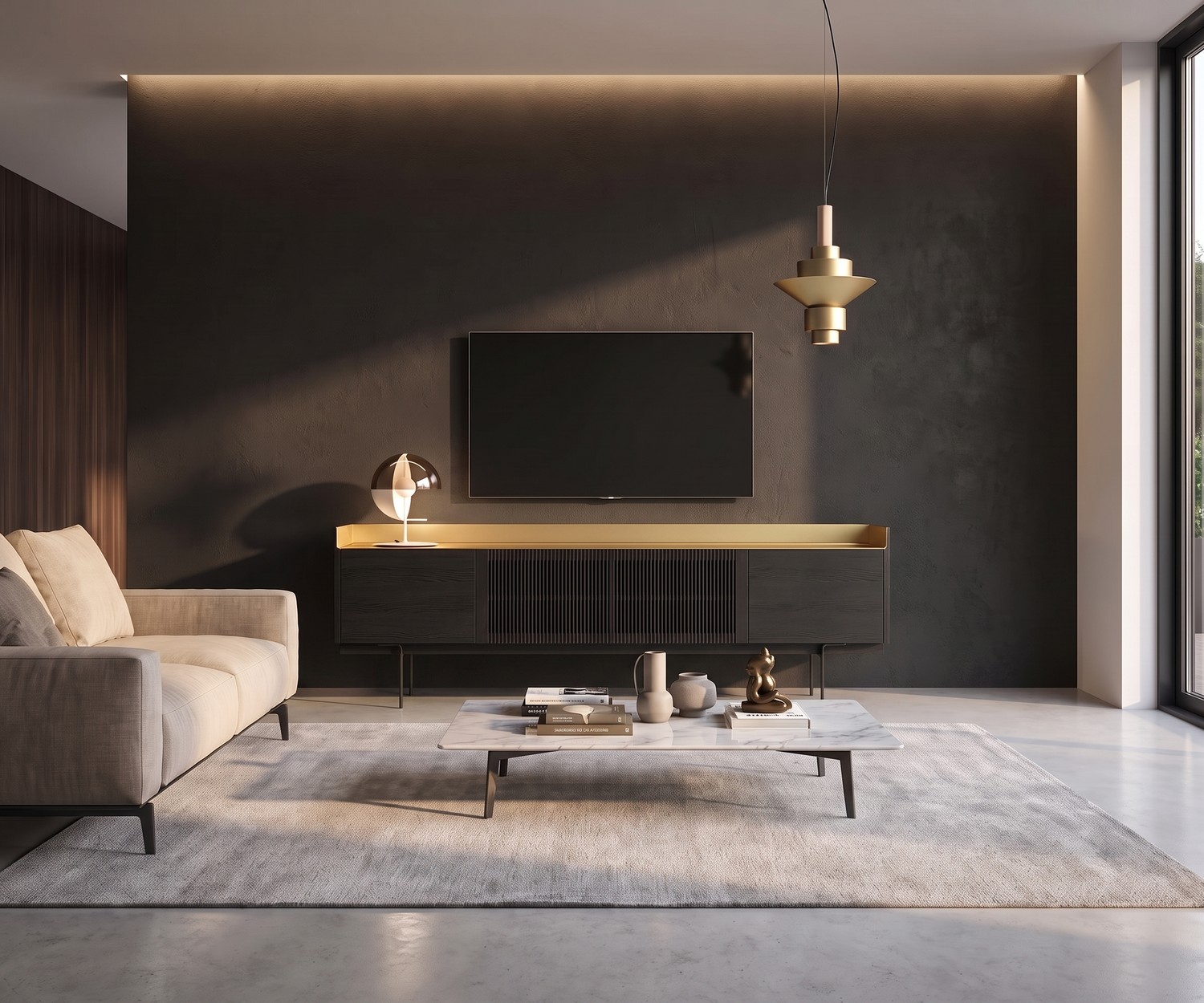 Meuble TV Lowboard Punt Stockholm Bois Sombre Meuble TV lowboard Punt Stockholm en bois sombre et laiton dans un salon contemporain design.