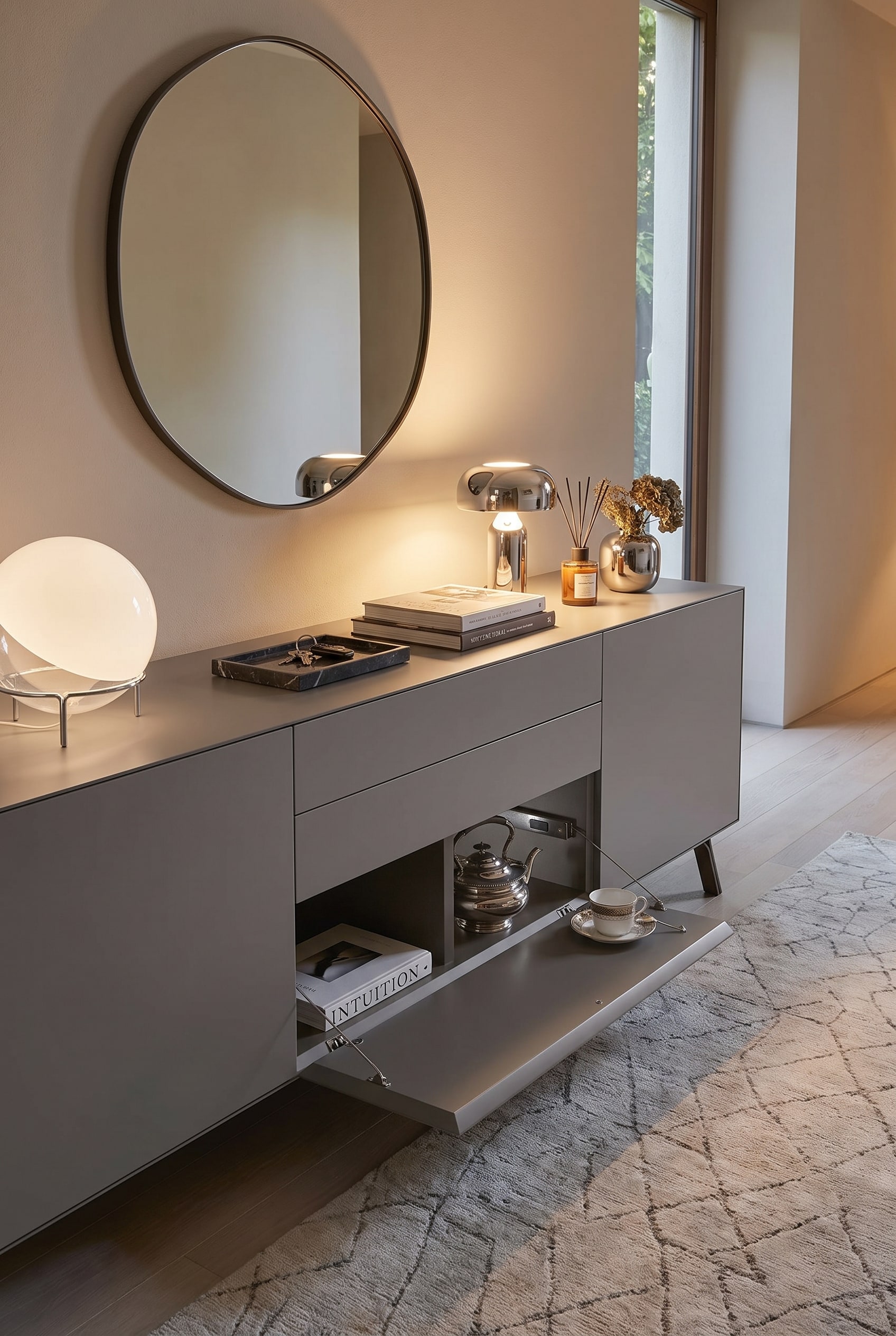 Abattant ouvert d'un buffet design gris, à l'intérieur un service à thé argenté avec tasse est placé sur une étagère.