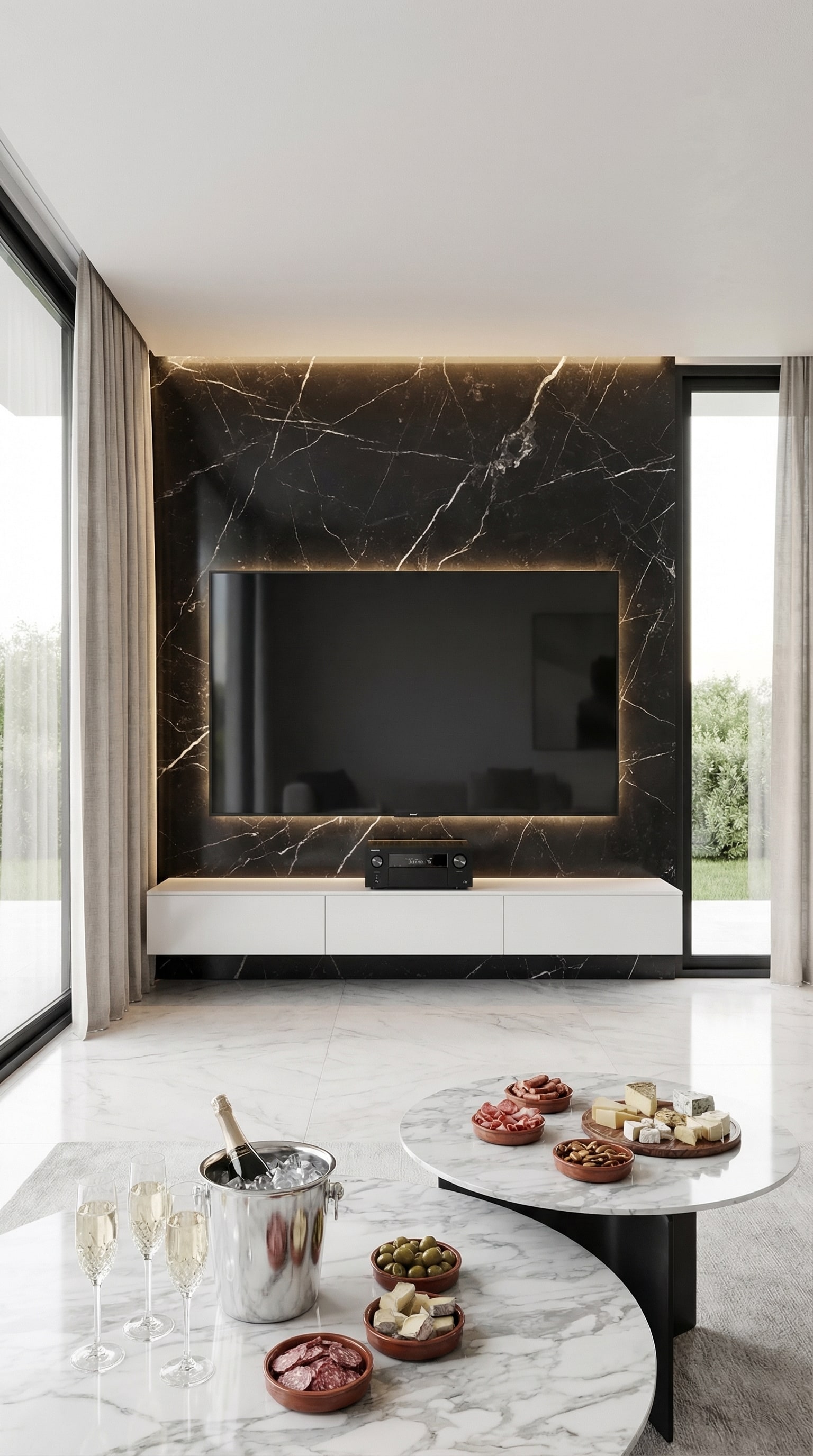 Très large meuble bas flottant blanc mat sur un grand mur dans un salon baigné de lumière. Très large meuble bas flottant blanc mat sur un grand mur dans un salon baigné de lumière.