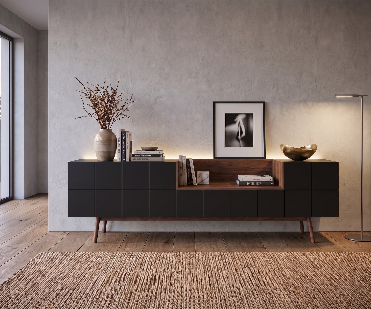 Buffet design rétro al2 MOS-I-KO 003 A Buffet al2 MOS-I-KO 003 A dans un salon, en laque mate noire et bois au style rétro moderne avec des niches ouvertes.