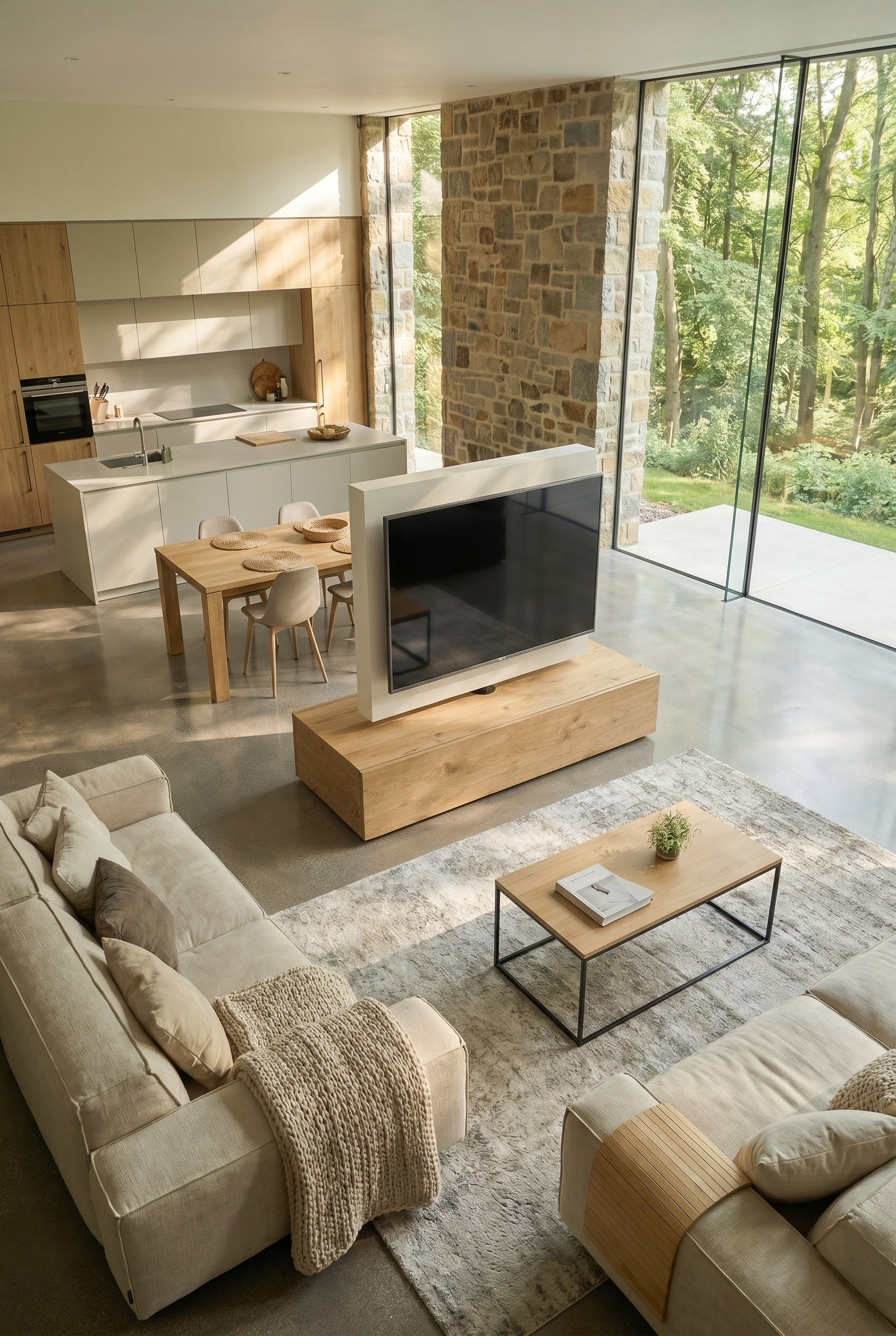 Cuisine-salon ouverte inondée de lumière avec un séparateur de pièce semi-haut qui dégage la vue sur les fenêtres Cuisine-salon ouverte inondée de lumière avec un séparateur de pièce semi-haut qui dégage la vue sur les fenêtres