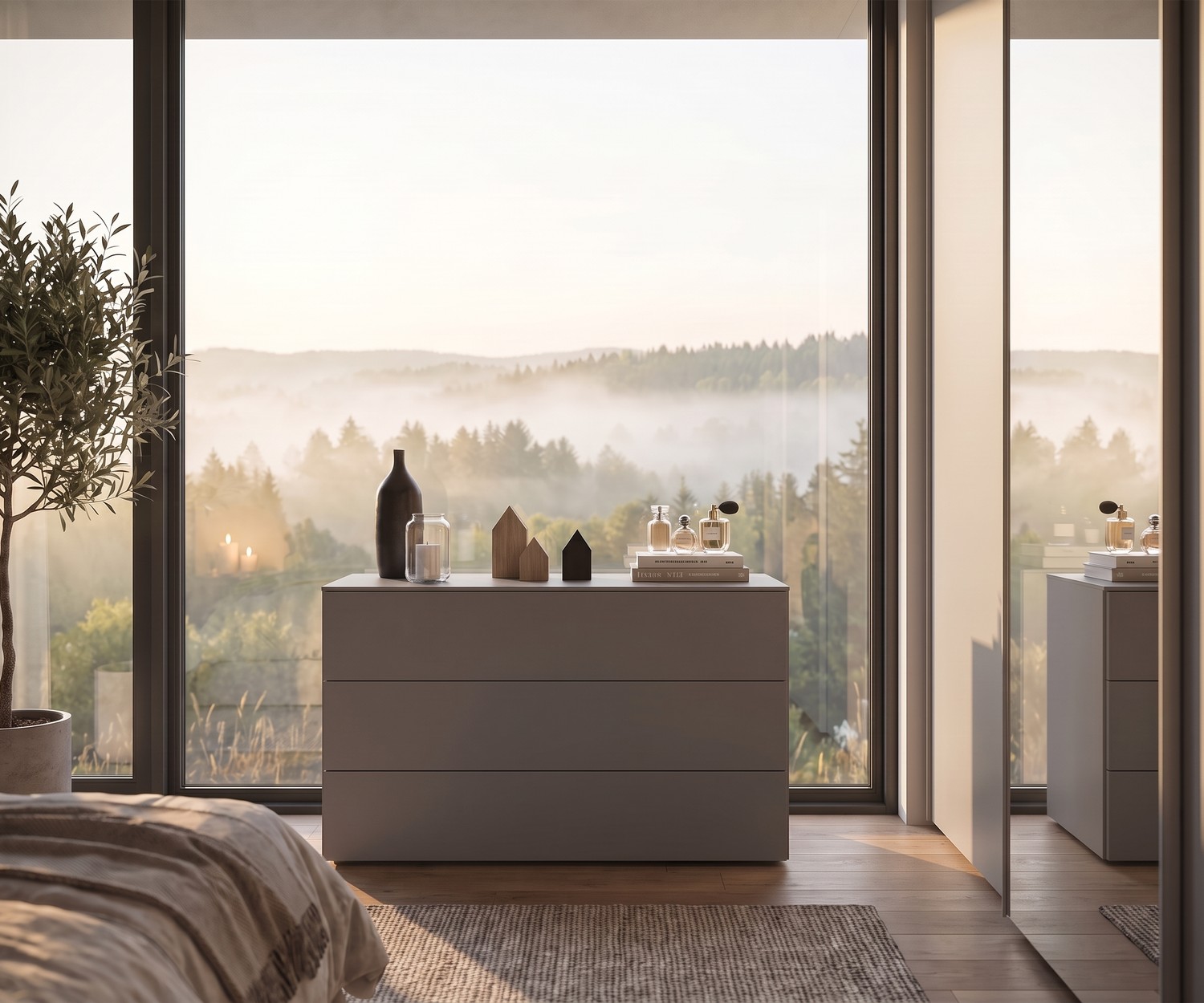 Commode Livitalia Atena pour le rangement de la chambre, placée devant une baie vitrée au style moderne et épuré.