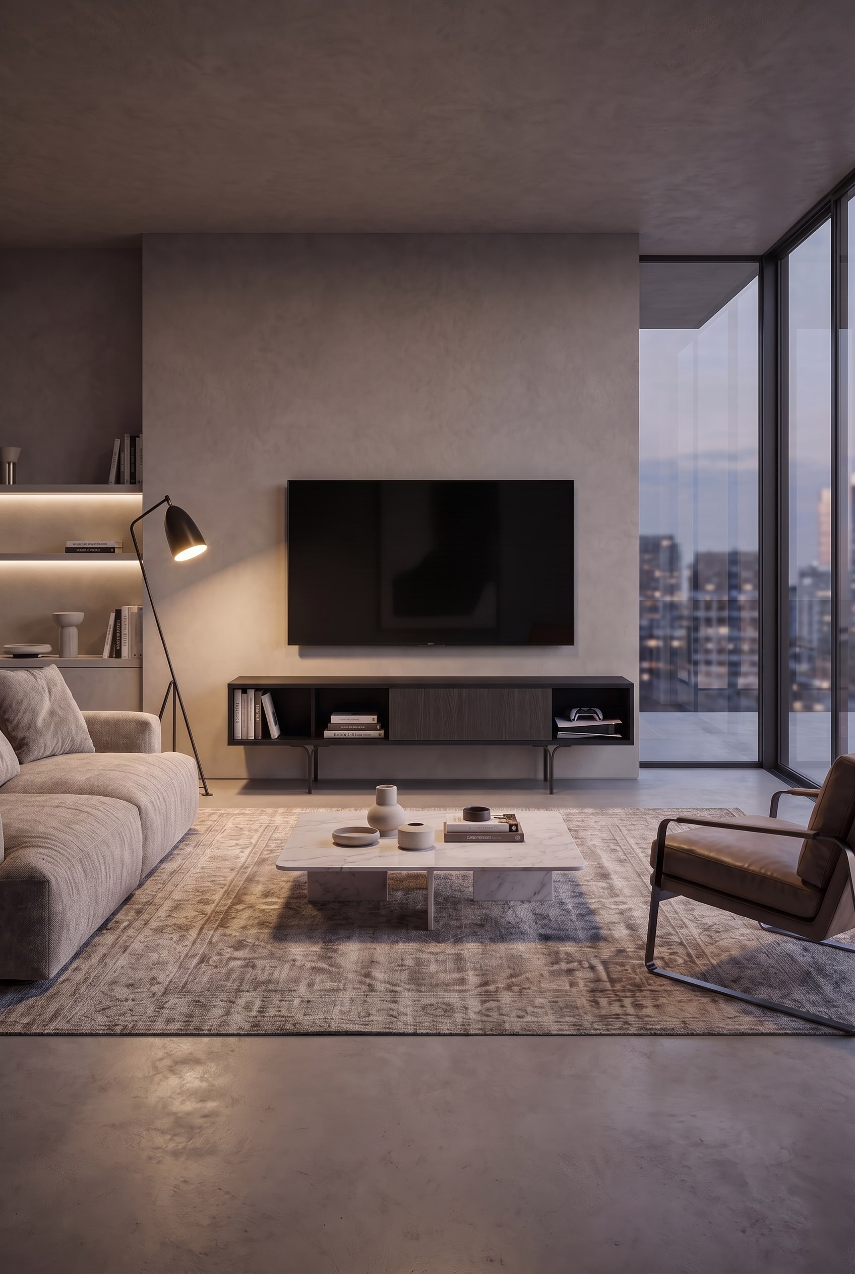 Un &eacute;l&eacute;gant meuble TV bas al2 Mobius 005 avec un placage en bois noble, faisant partie d'un mur TV moderne et confortable.