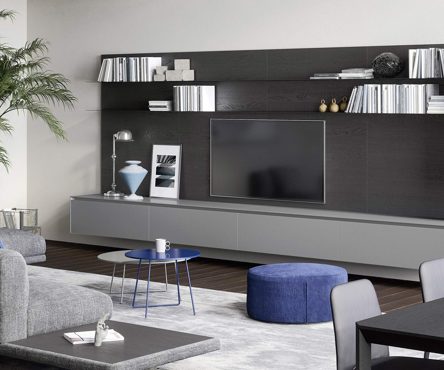 Grand meuble-paroi design avec buffet bas et panneau mural Grand meuble-paroi design avec buffet bas et panneau mural
