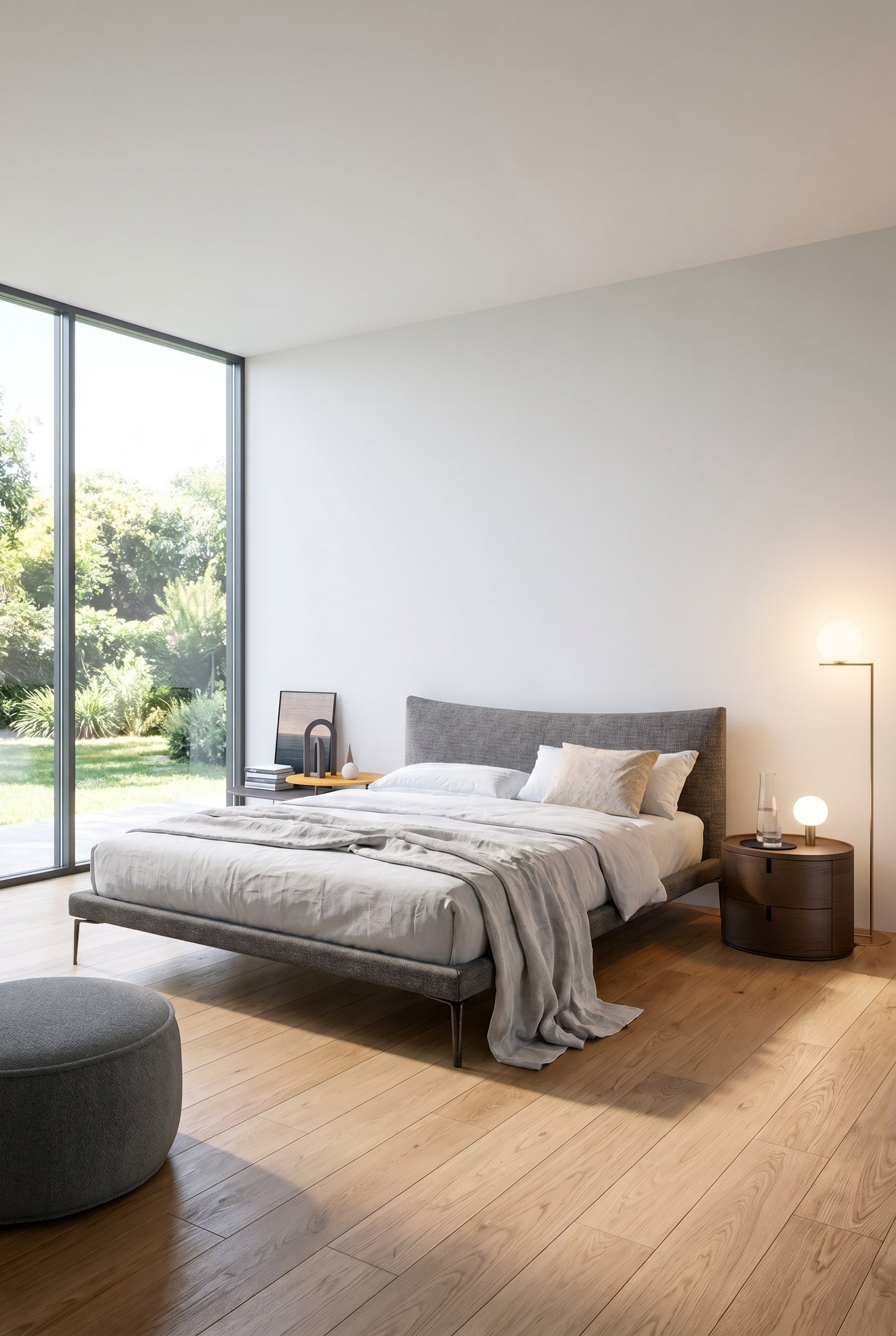 Chambre avec un lit gris pos&eacute; sur des pieds filigranes, de grandes fen&ecirc;tres et un lampadaire &agrave; lumi&egrave;re chaude