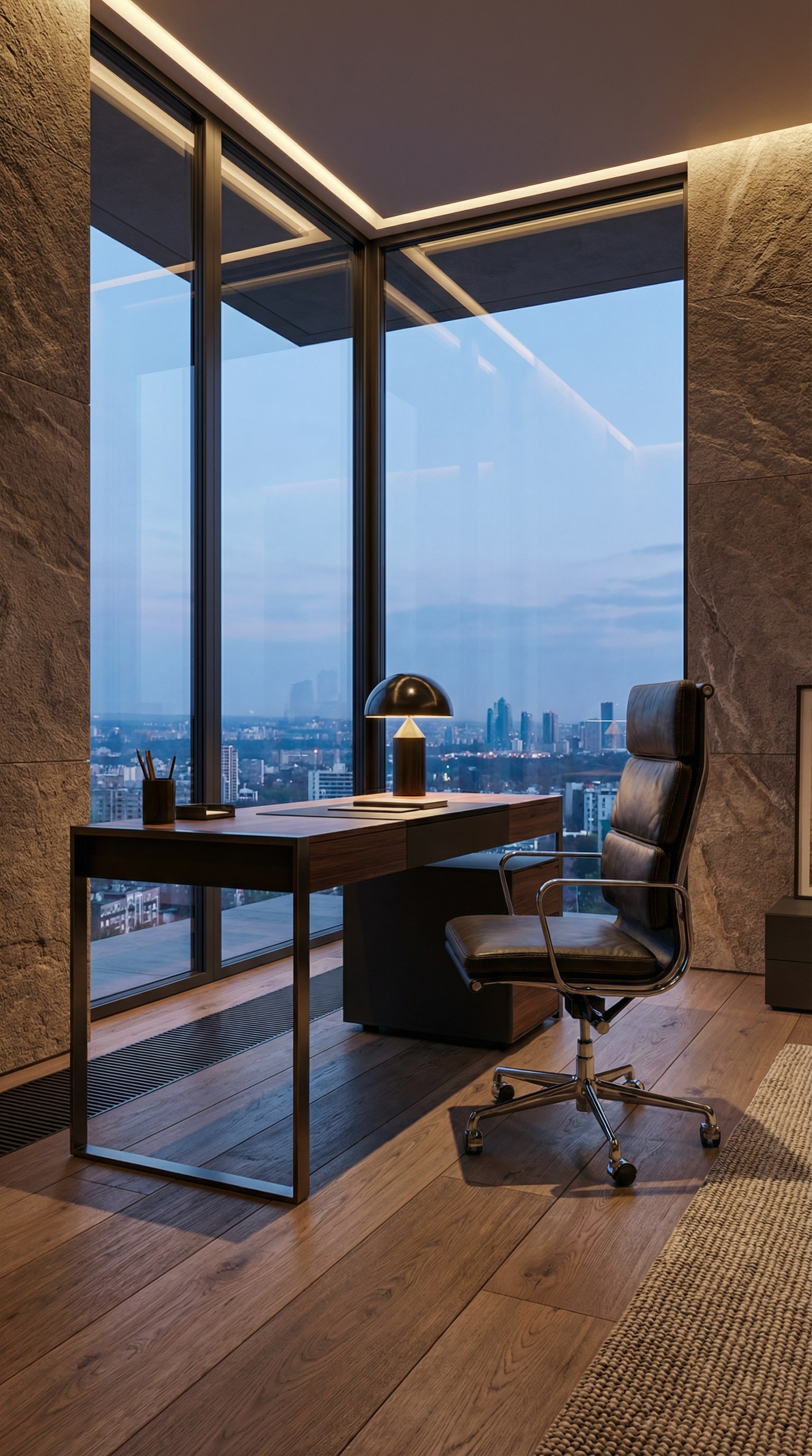 De ICF Una Chair Management Bureaustoel in hoogwaardig leer, elegant geënsceneerd in een representatieve woon-werkruimte De ICF Una Chair Management Bureaustoel in hoogwaardig leer, elegant geënsceneerd in een representatieve woon-werkruimte