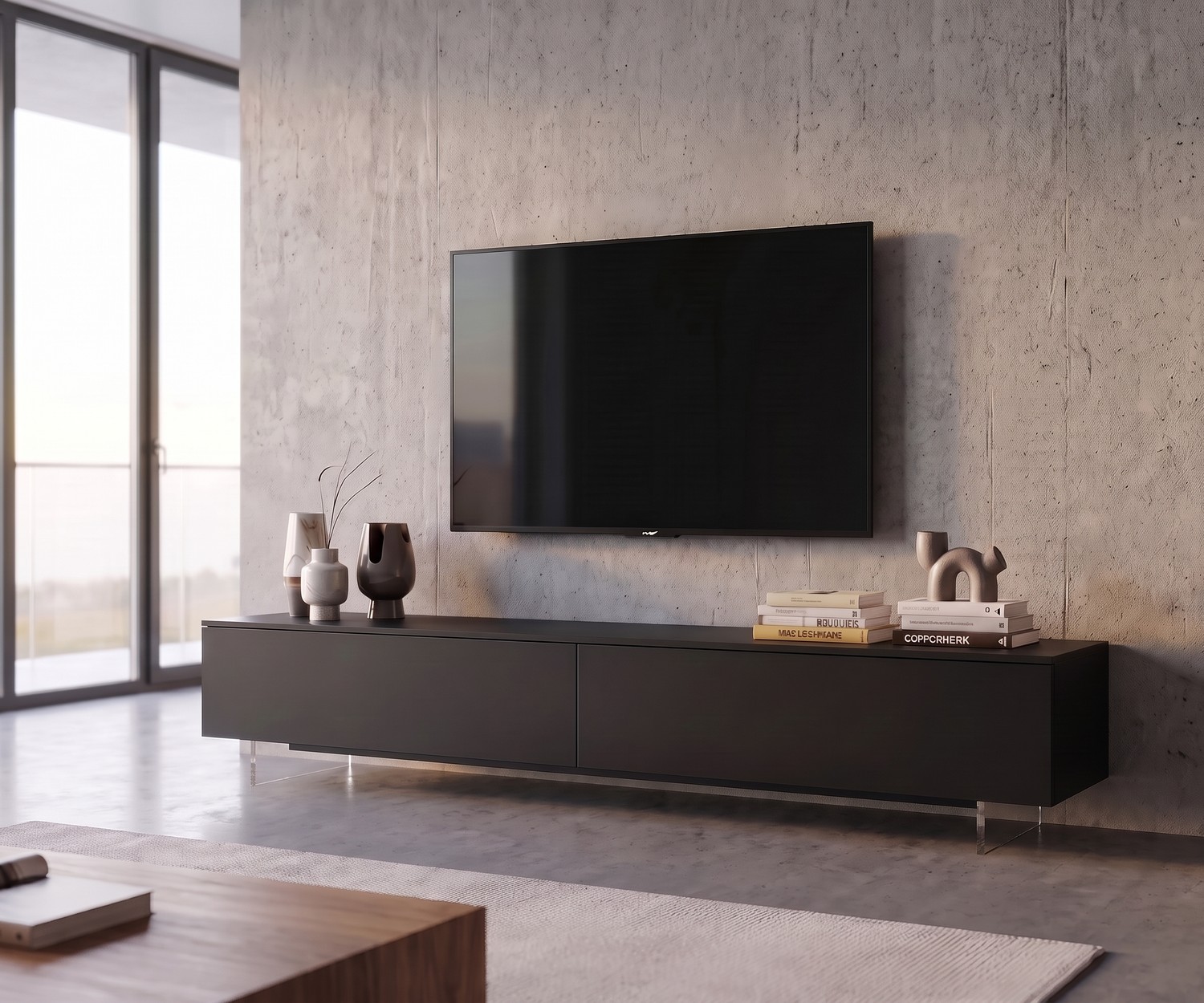 Socle TV transparent Livitalia pour meuble bas Socle TV transparent Livitalia pour meuble bas suspendu dans salon moderne avec mur en béton et meuble TV noir.