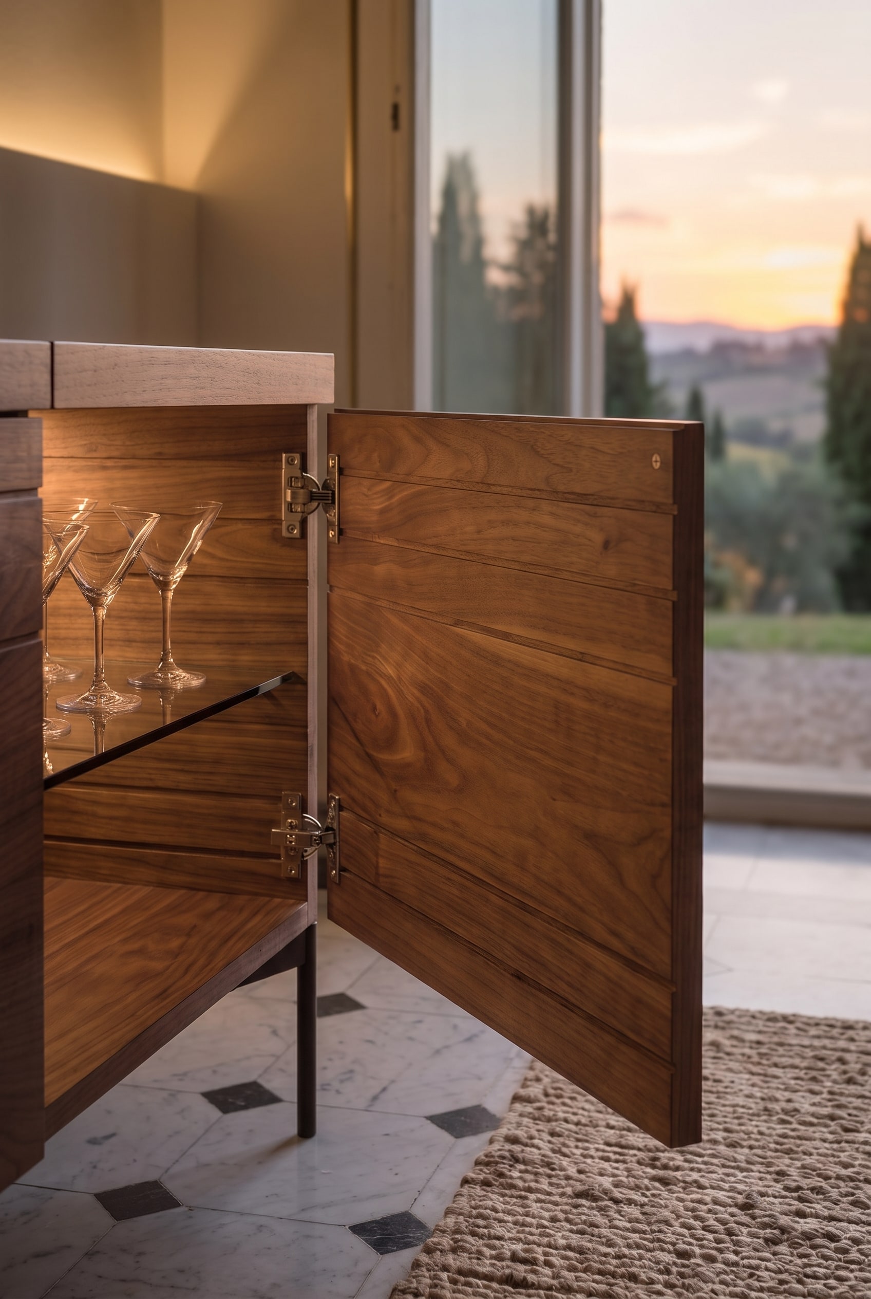Porte ouverte d'un buffet en bois, &agrave; l'int&eacute;rieur on peut voir des &eacute;tag&egrave;res en verre &eacute;clair&eacute;es avec des verres &agrave; martini.
