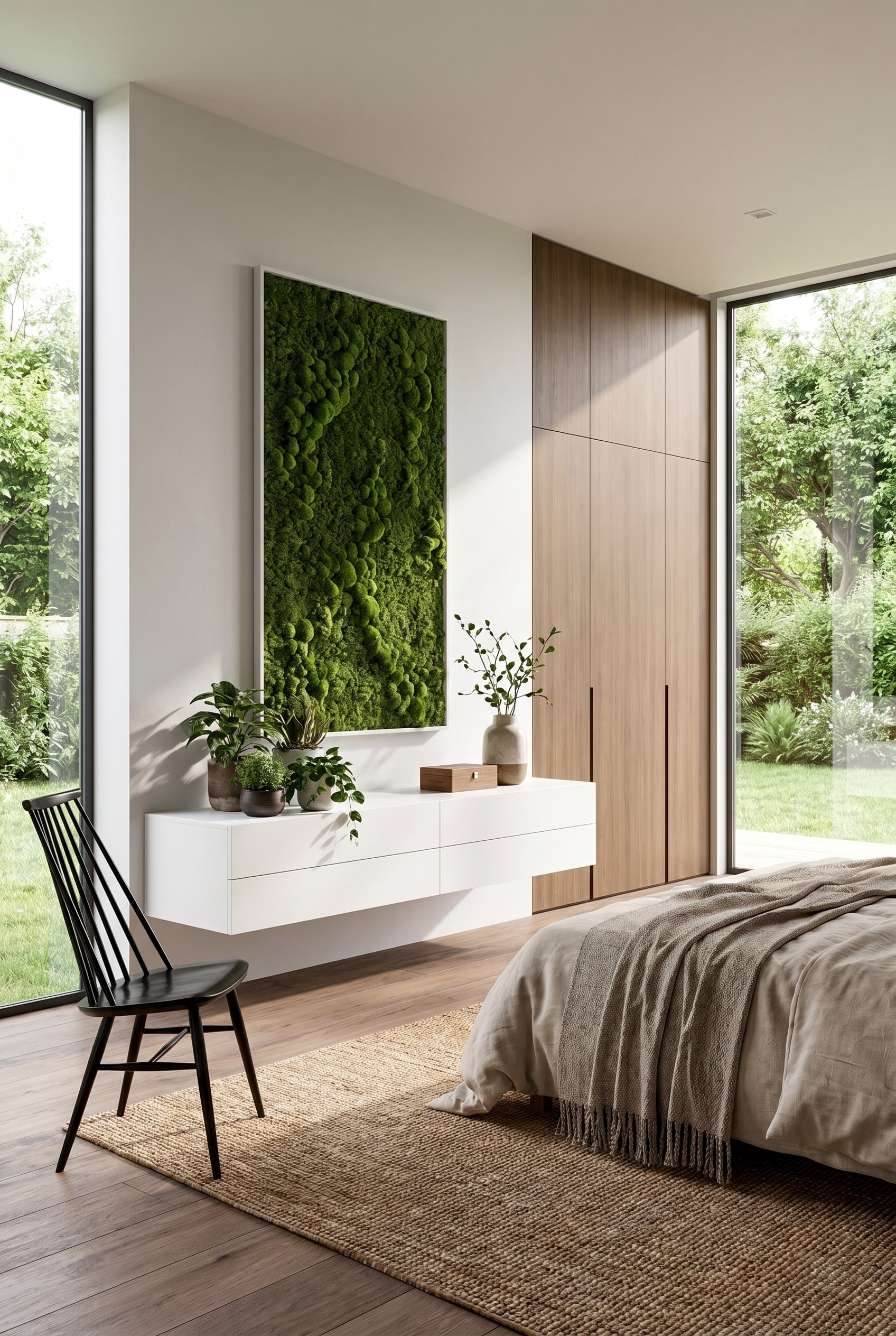 Chambre lumineuse avec commode suspendue blanche flottante, au-dessus un tableau de mousse vertical et une chaise en fil de fer