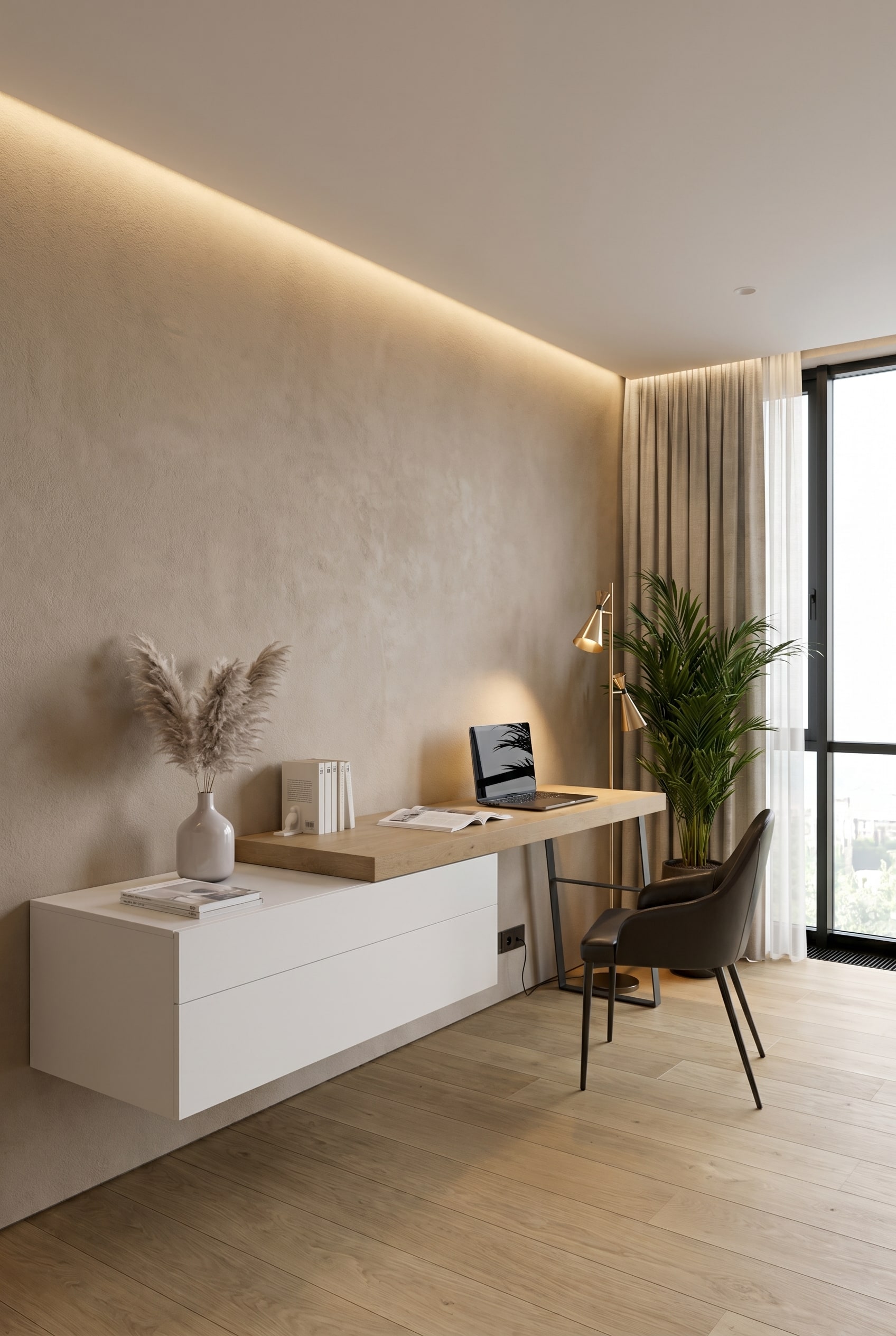 Salon avec un meuble TV fluide, combinant un lowboard gris et un bureau flottant en chêne avec une chaise noire