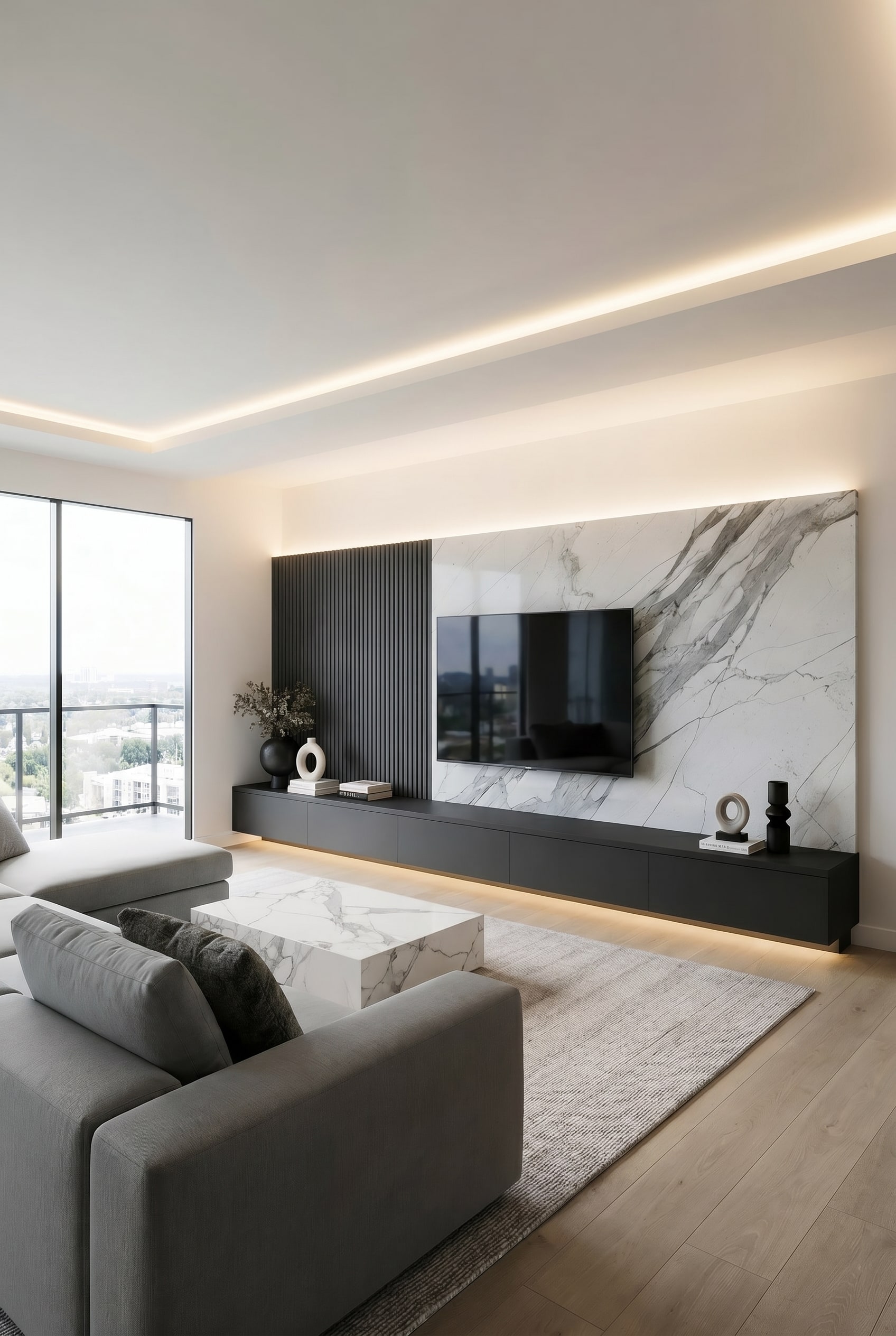 Salon moderne avec mur TV sur mesure, panneaux acoustiques noirs, fond en marbre blanc et meubles bas ferm&eacute;s gris fonc&eacute;