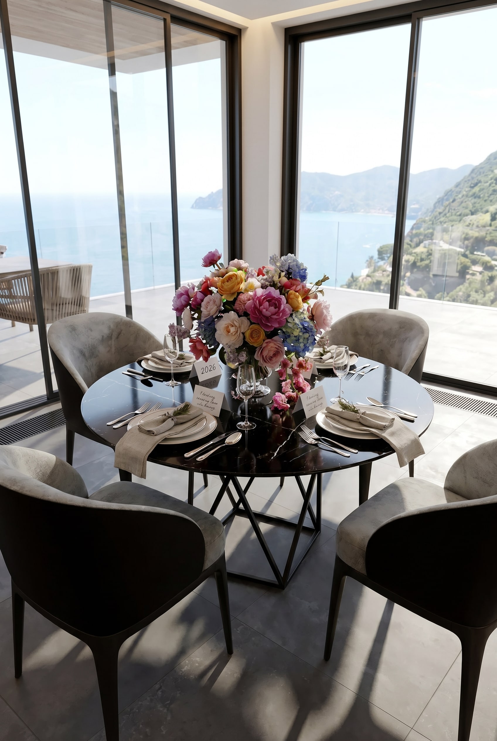Table &agrave; manger ronde en marbre fonc&eacute; avec un arrangement floral printanier luxuriant dans une salle &agrave; manger minimaliste avec de grandes fen&ecirc;tres