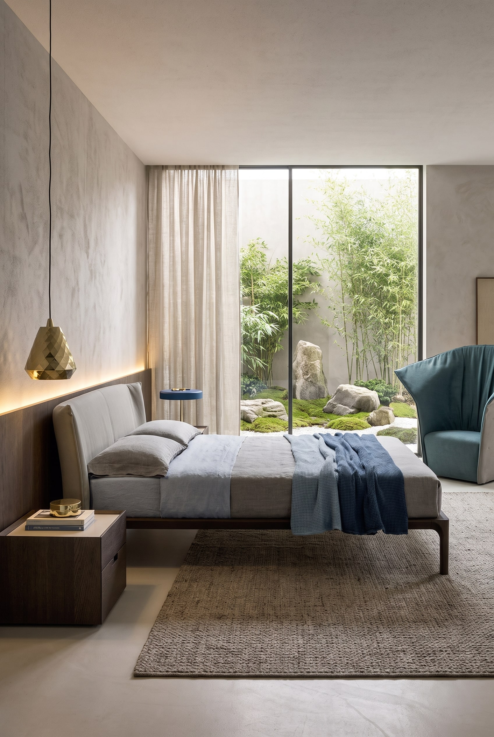 Chambre élégante avec un grand lit rembourré en tissu, une table de chevet en bois assortie et un aménagement apaisant ton sur ton