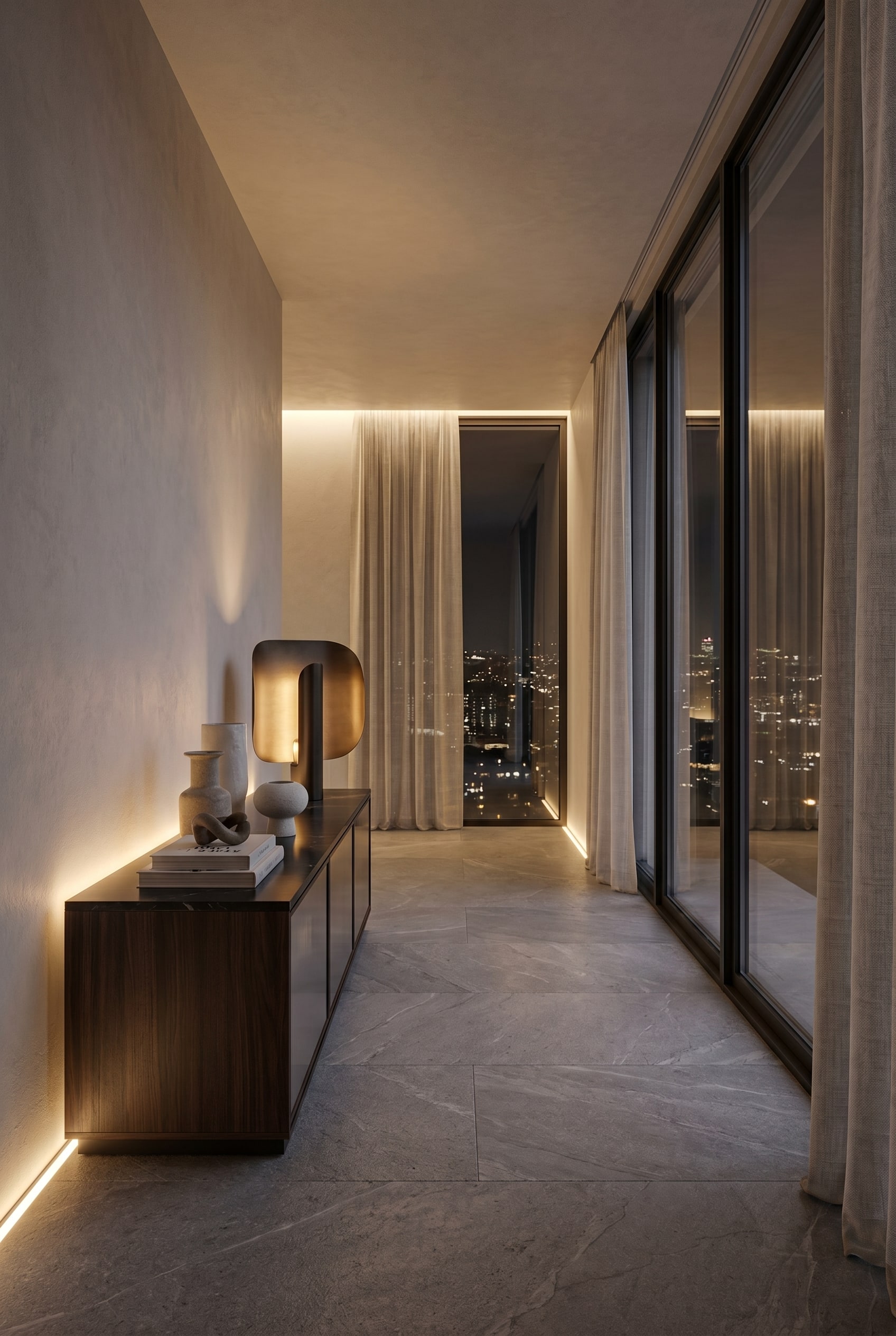 Salon luxueux avec un buffet en bois fonc&eacute; et une lampe de table sculpturale en laiton bross&eacute;