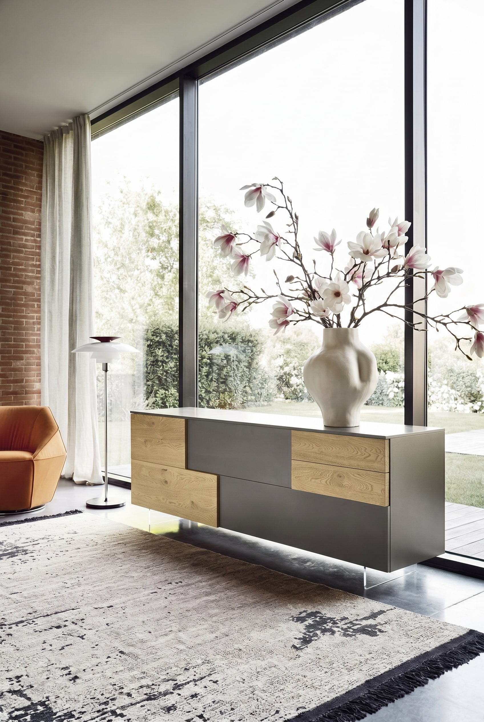 Buffet design asym&eacute;trique avec des niveaux d&eacute;cal&eacute;s, sur lequel est pos&eacute; un vase d&eacute;centr&eacute; avec de longues branches de magnolia