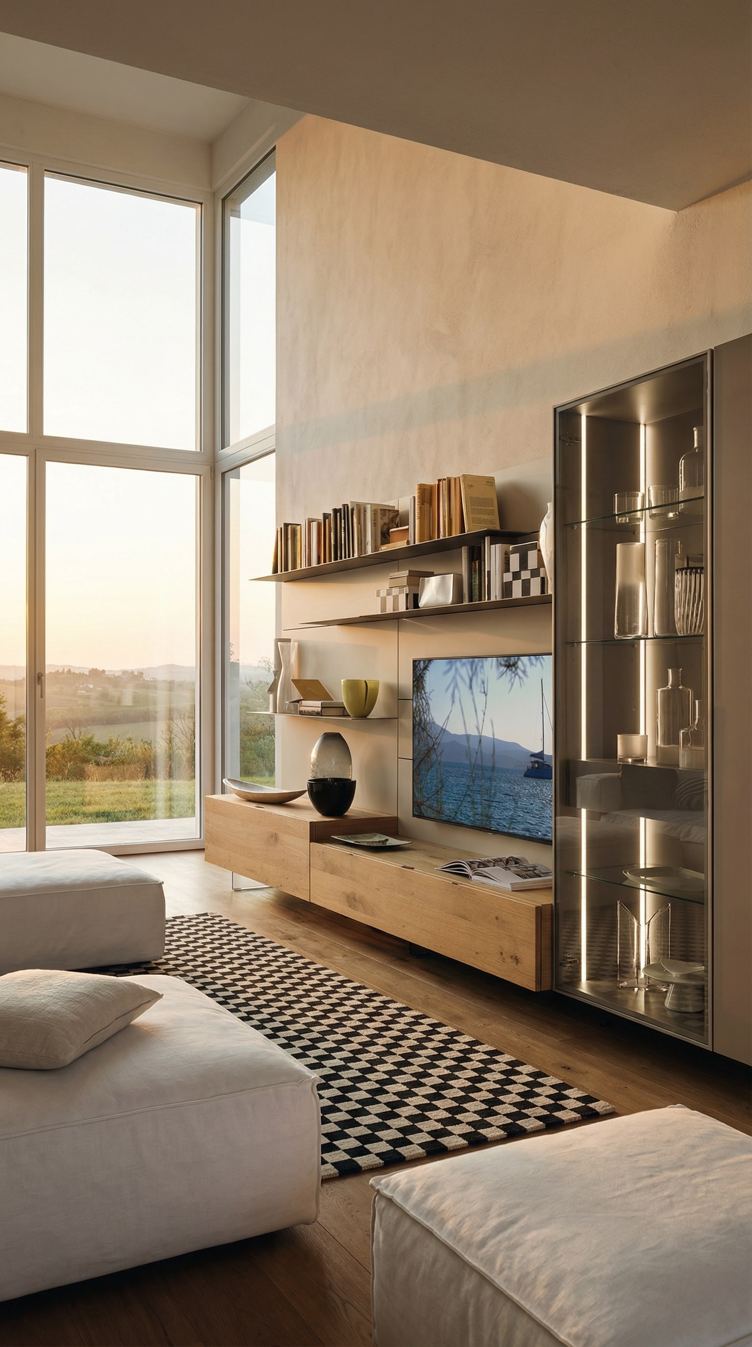 Verlichte rookglas vitrine geïntegreerd in moderne woonwand Verlichte rookglas vitrine geïntegreerd in moderne woonwand