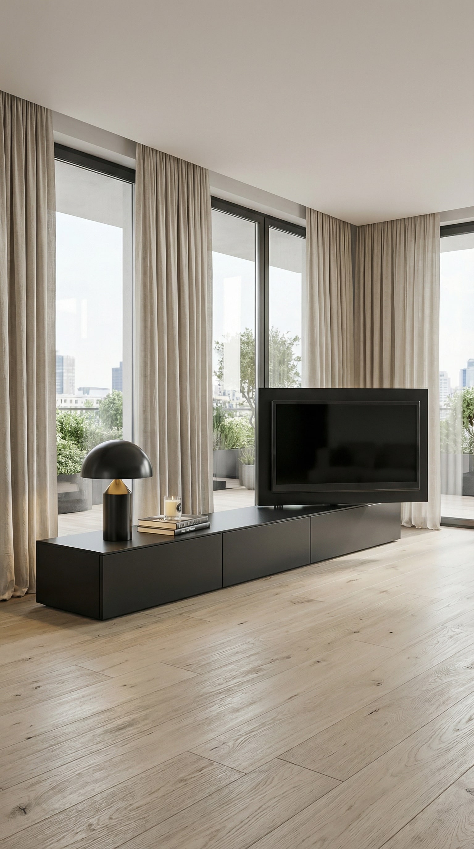 Zwart Livitalia Vision Lowboard met zwenkbaar tv-paneel in een moderne loft
