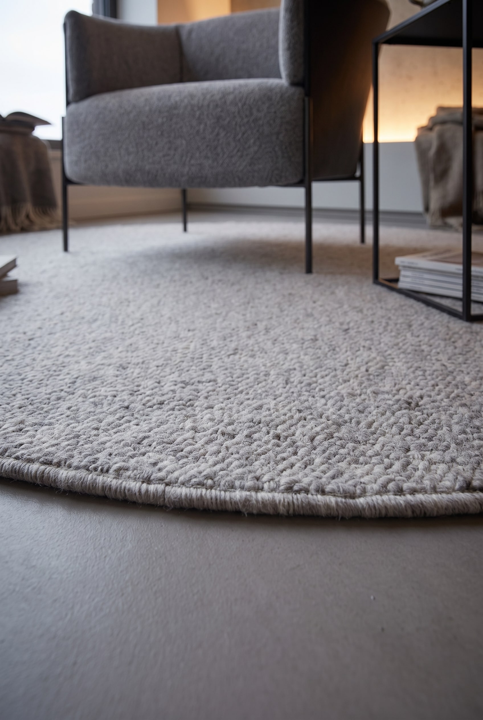 Gros plan du bord d'un tapis rond moelleux sur un sol en b&eacute;ton cir&eacute; mat, montrant le contraste des mat&eacute;riaux dans le coin lecture minimaliste.