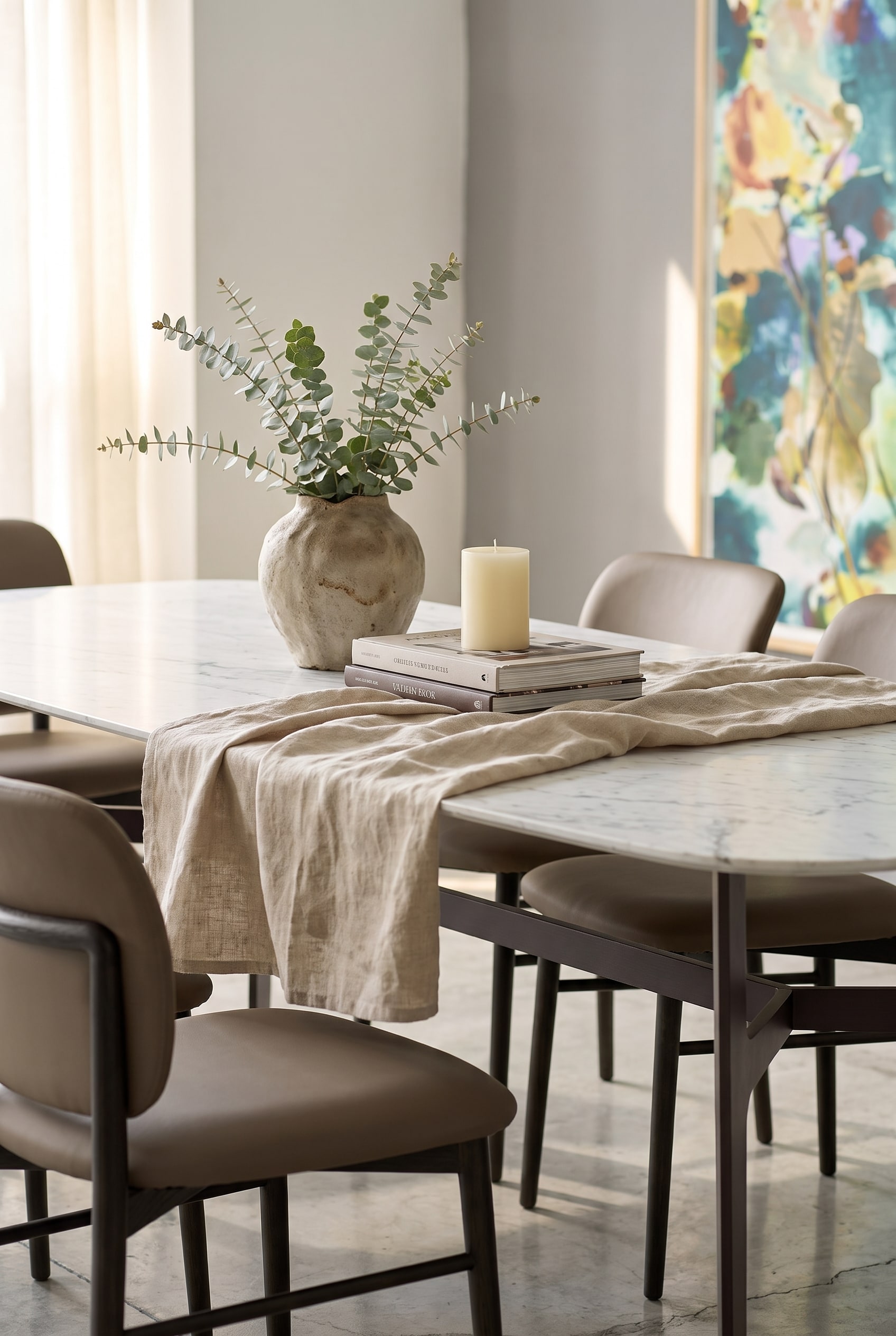 D&eacute;coration de table &eacute;l&eacute;gante avec chemin de table en lin drap&eacute;, vase brut avec eucalyptus, deux livres empil&eacute;s et une bougie bloc.