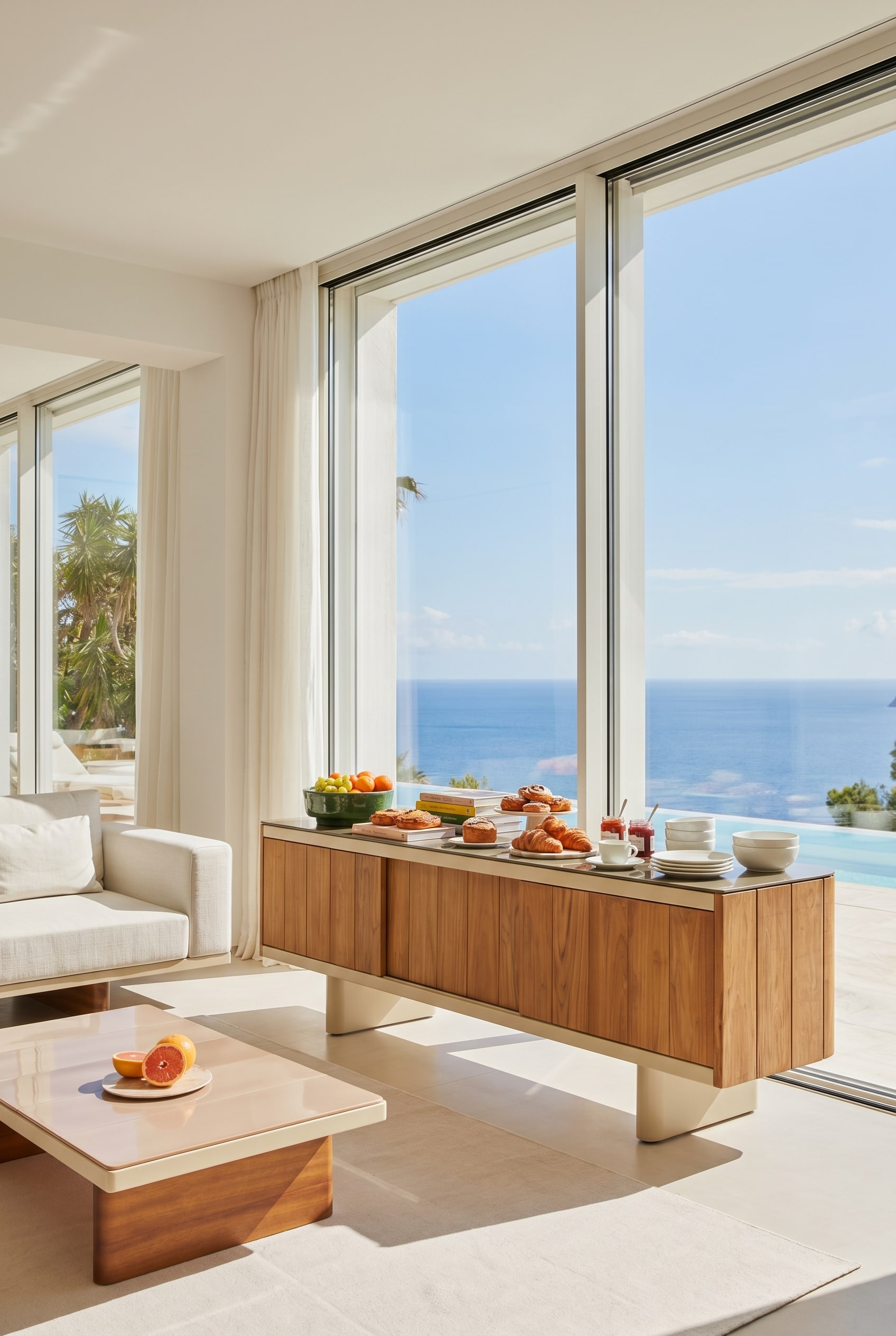 Buffet d'extérieur Punt Atrio en teck devant une large baie vitrée avec vue sur un paysage ensoleillé, décoré de fruits frais pour le brunch. Buffet d'extérieur Punt Atrio en teck devant une large baie vitrée avec vue sur un paysage ensoleillé, décoré de fruits frais pour le brunch.