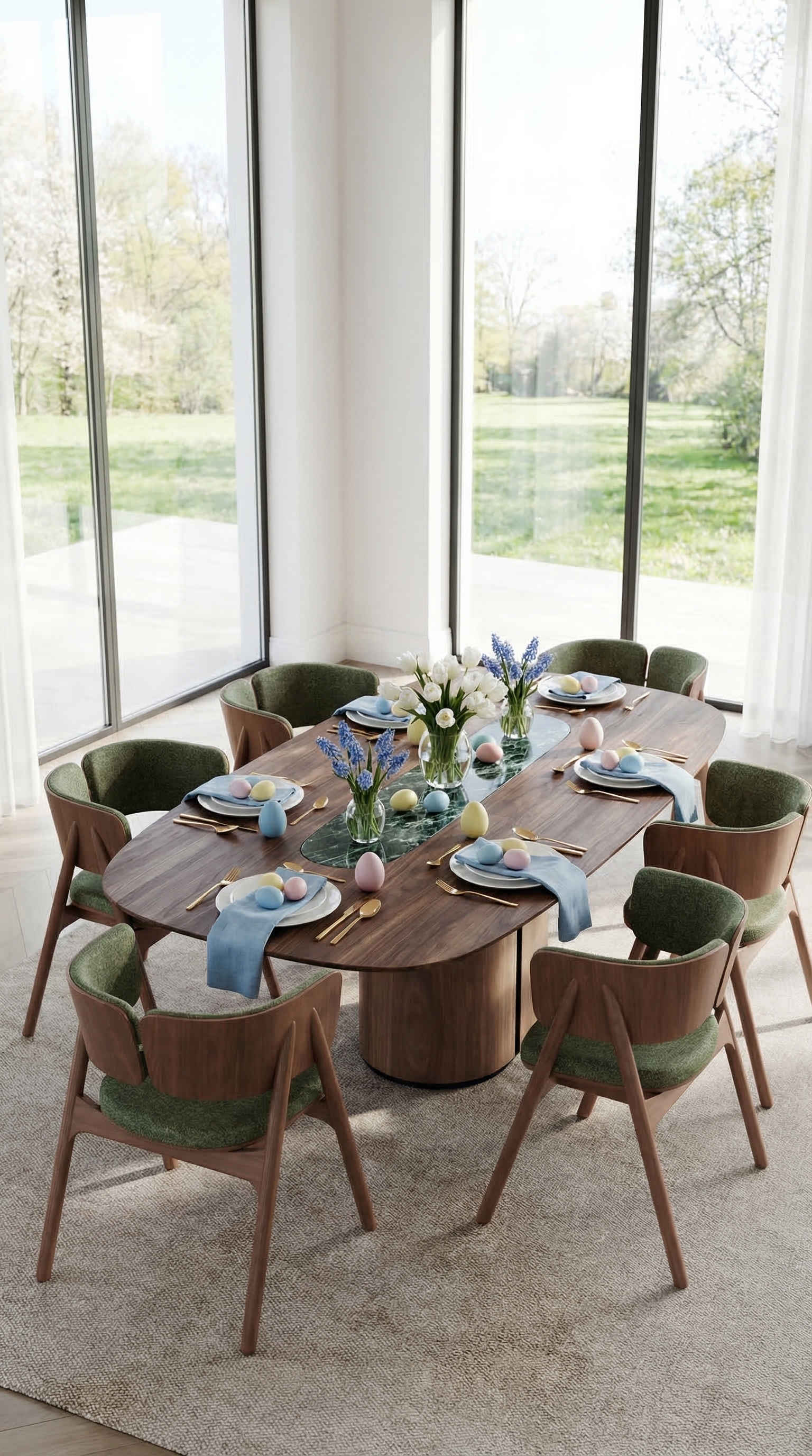Een stijlvol gedekte eettafel van donker notenhout met paasdecoratie in zachte pastelkleuren, licht porselein en verse lentebloemen.