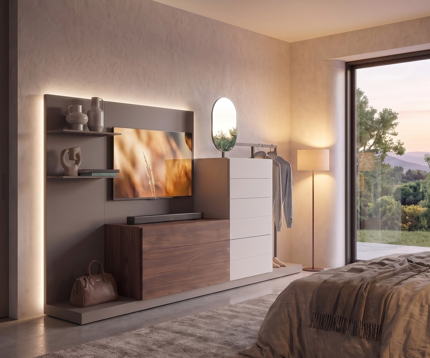 Socle meuble TV Livitalia EASY servant de plateforme moderne pour meuble bas et rangement dans une chambre élégante.