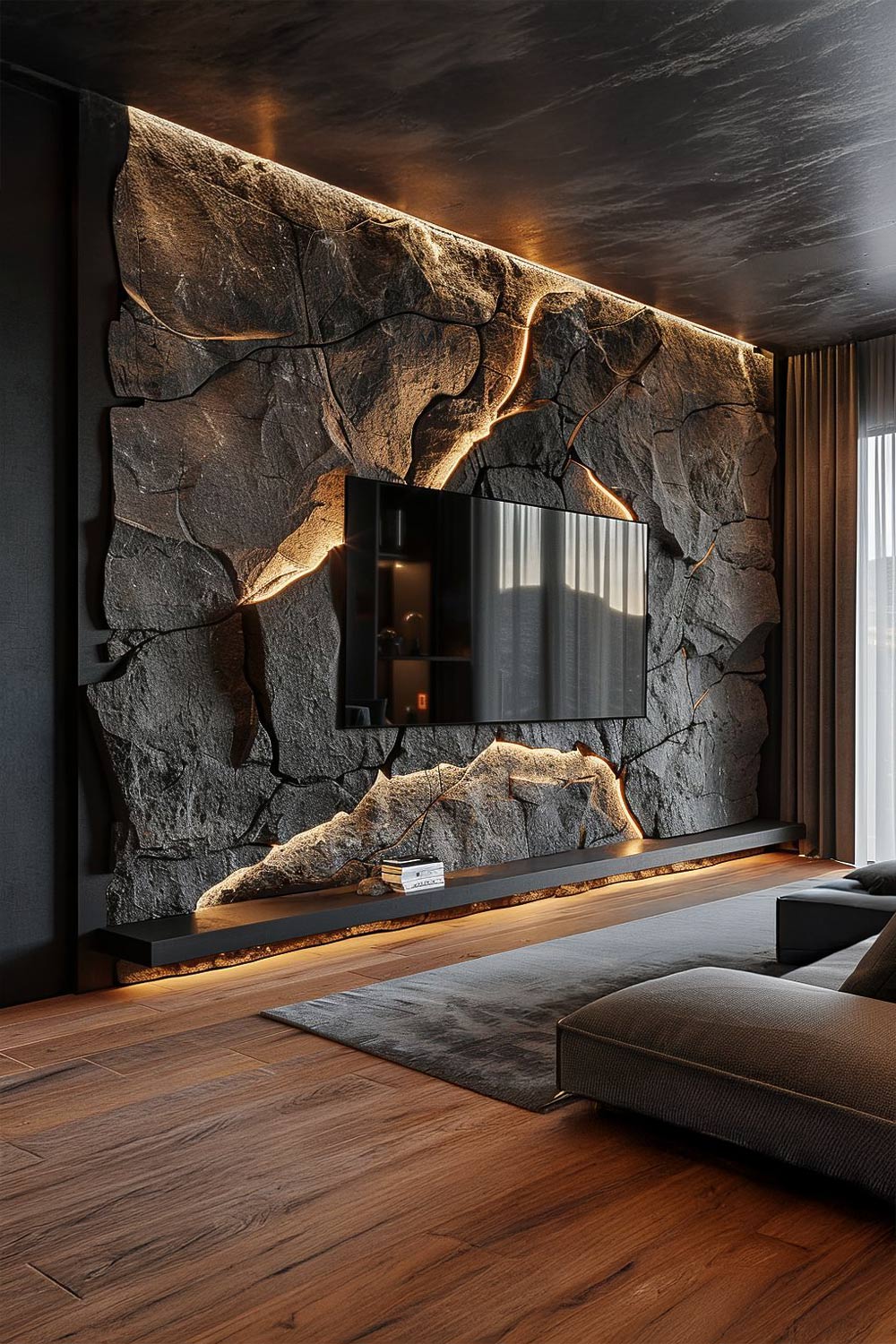 Salon moderne avec mur en pierre et panneau mural plat TV avec éclairage