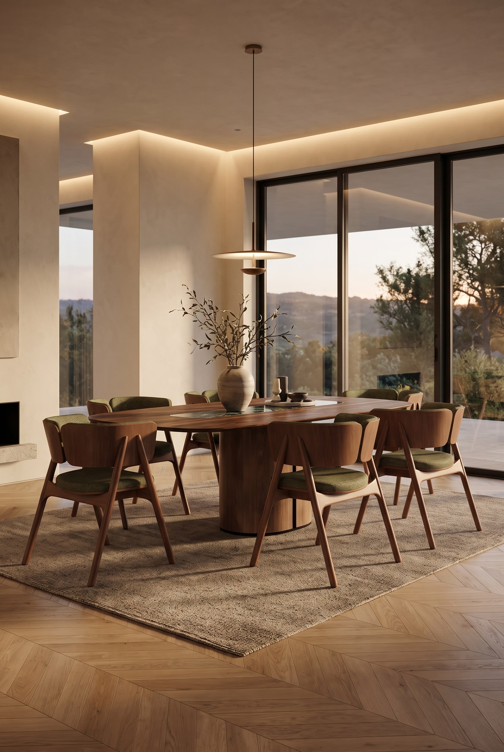 Salle &agrave; manger moderne avec grande table &agrave; manger en bois fonc&eacute; sur parquet clair