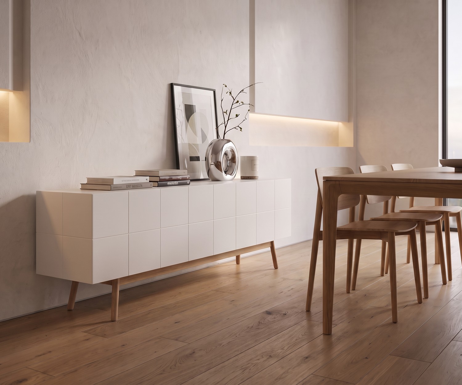 Buffet design al2 MOS-I-KO 003 B dans une entrée chic. Meuble blanc laqué à effet de carreaux avec pieds en bois massif.