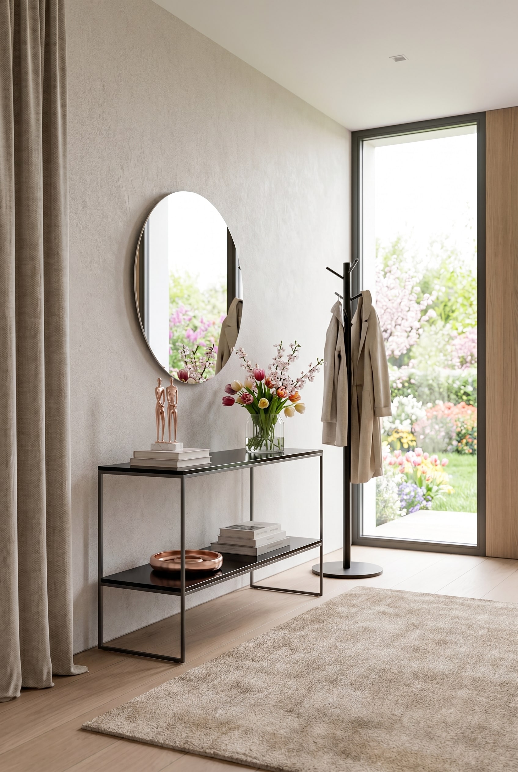 Couloir moderne avec console m&eacute;tallique minimaliste, miroir mural rond, porte-manteau noir et tapis moelleux