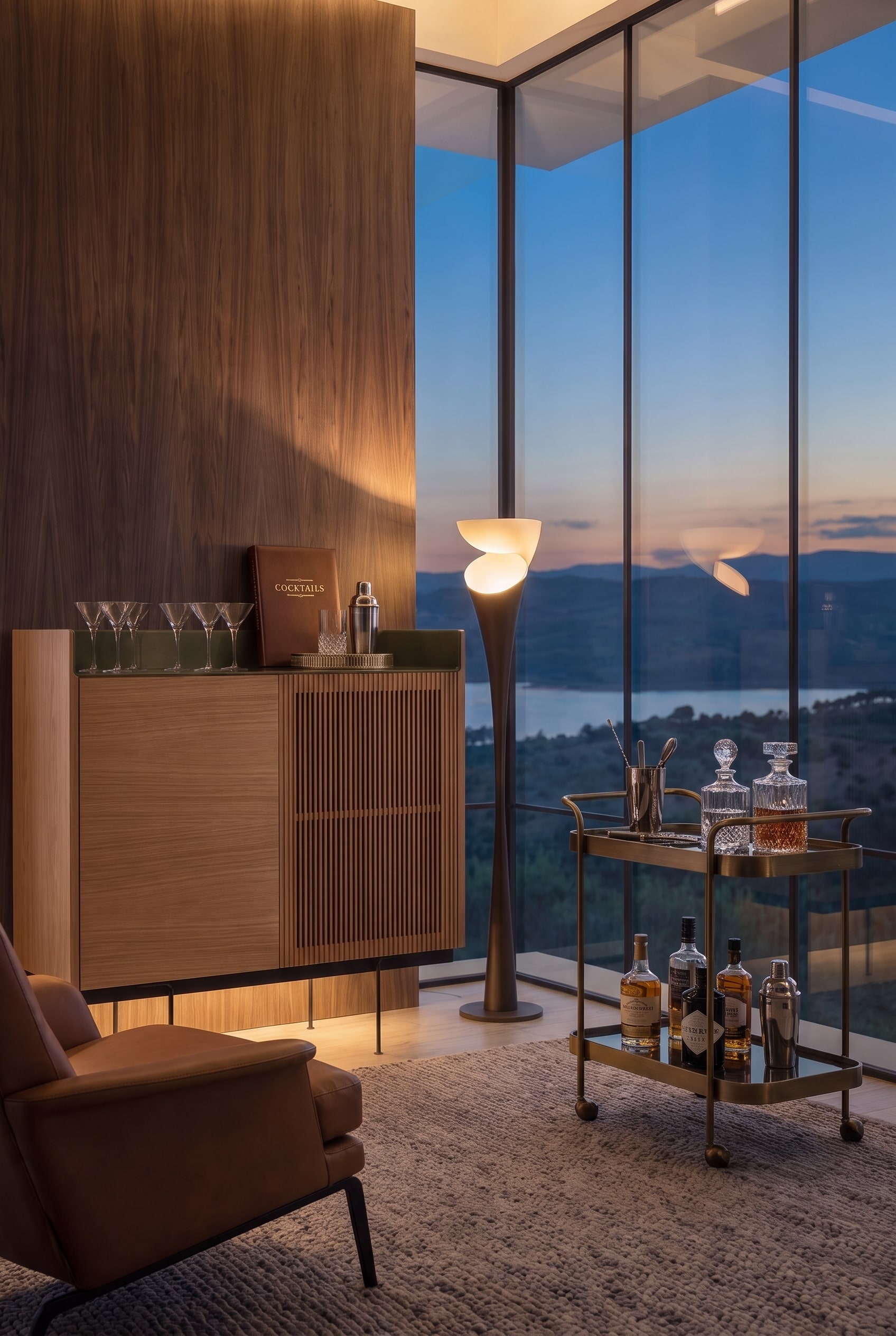 Seitliche Ansicht der Bar-Ecke mit einem Highboard, einer eleganten Stehlampe und einem bestückten Barwagen im Abendlicht.