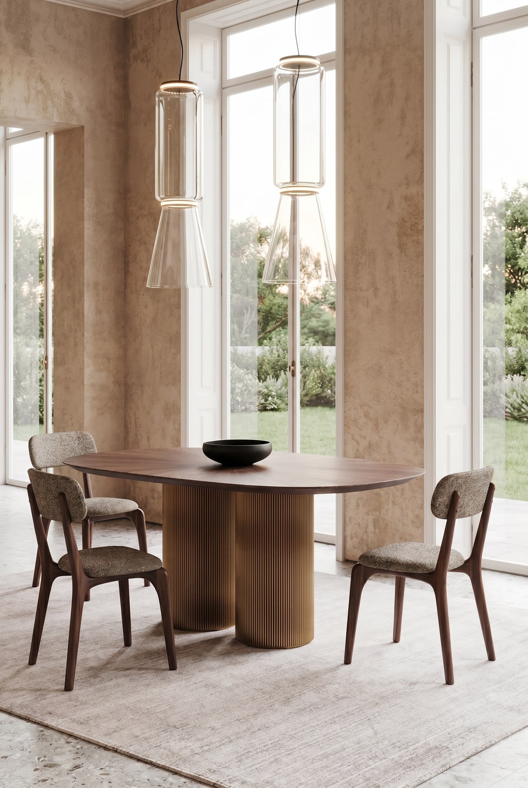 Salle à manger minimaliste avec grande table à manger en noyer, chaises rembourrées beiges et un bol en céramique noir