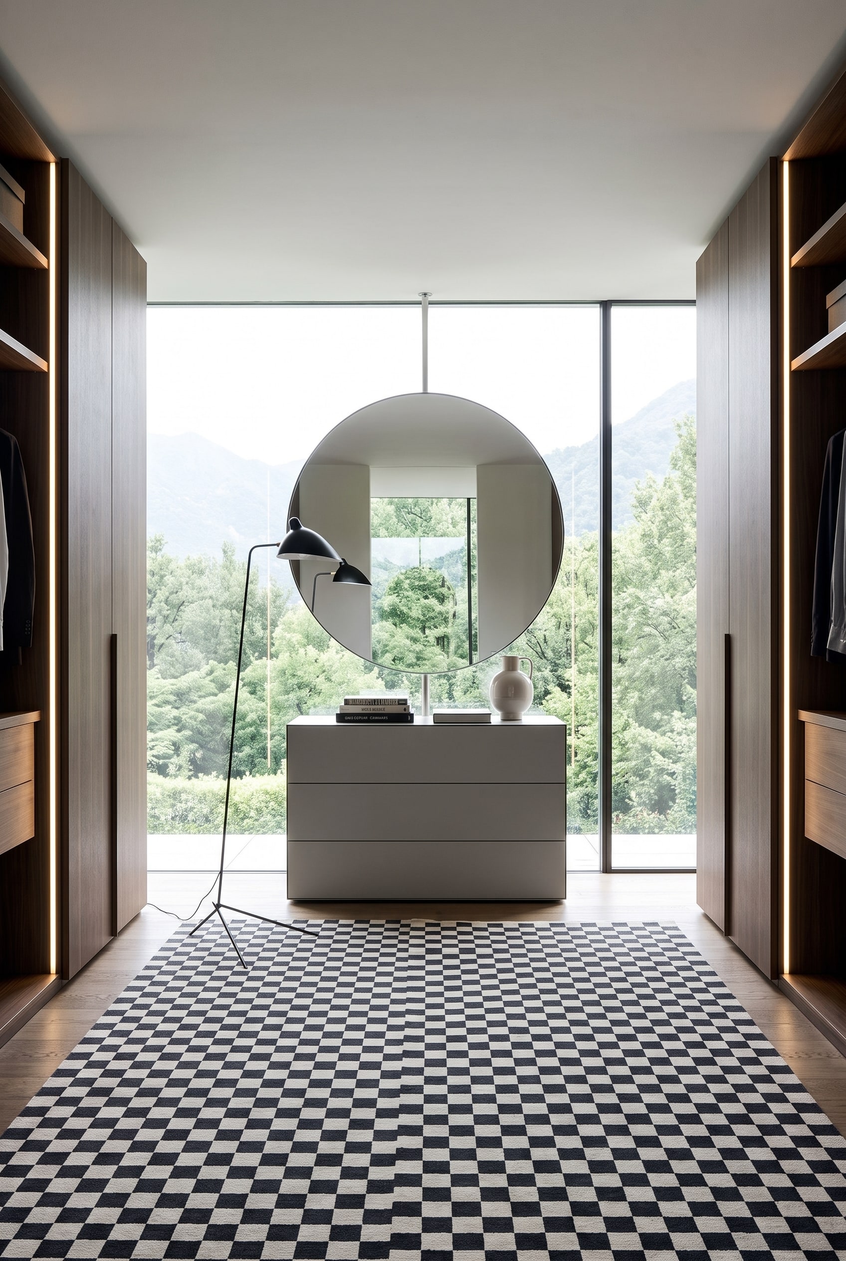 Commode moderne Livitalia Ecletto dans un dressing &eacute;l&eacute;gant, plac&eacute;e comme une rupture stylistique devant de hautes armoires murales