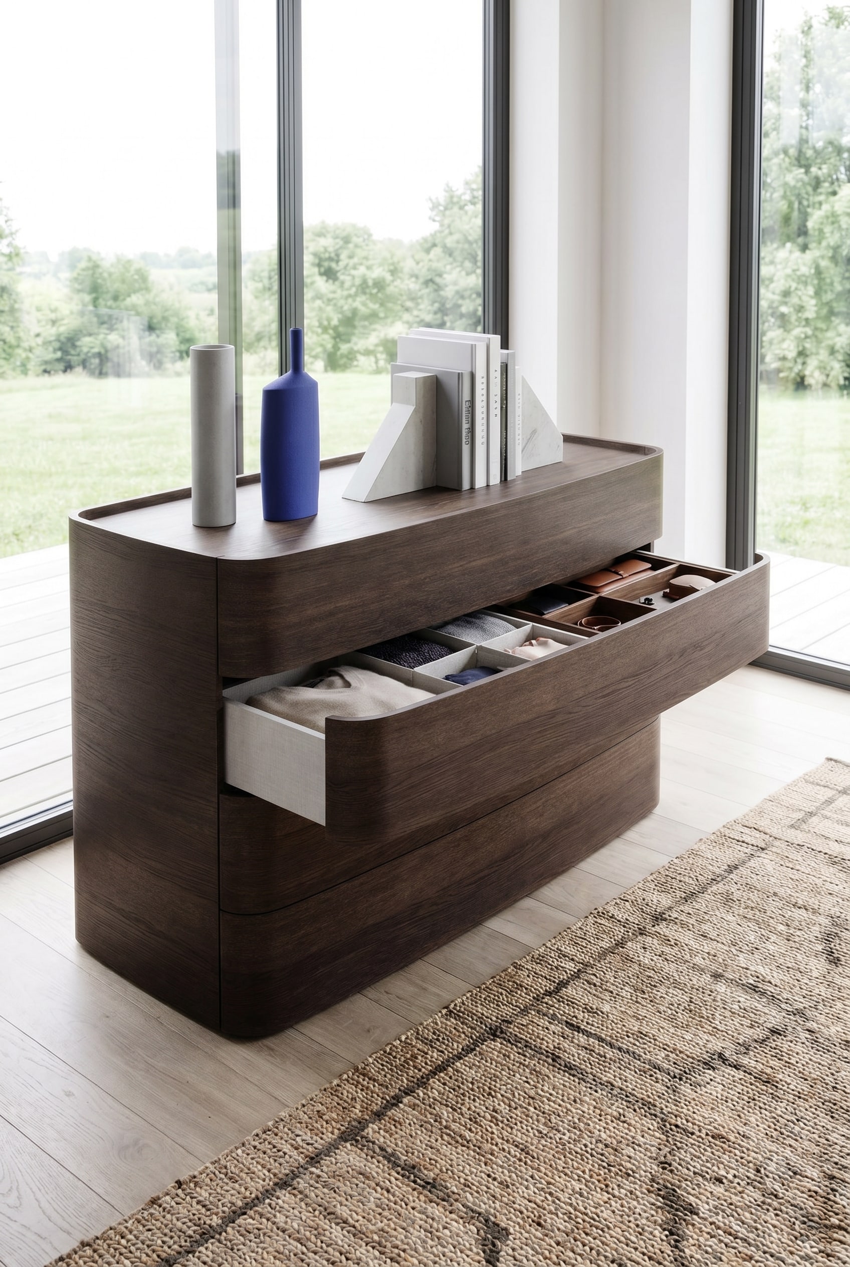 Dressing élégant avec commode en bois arrondie à quatre tiroirs