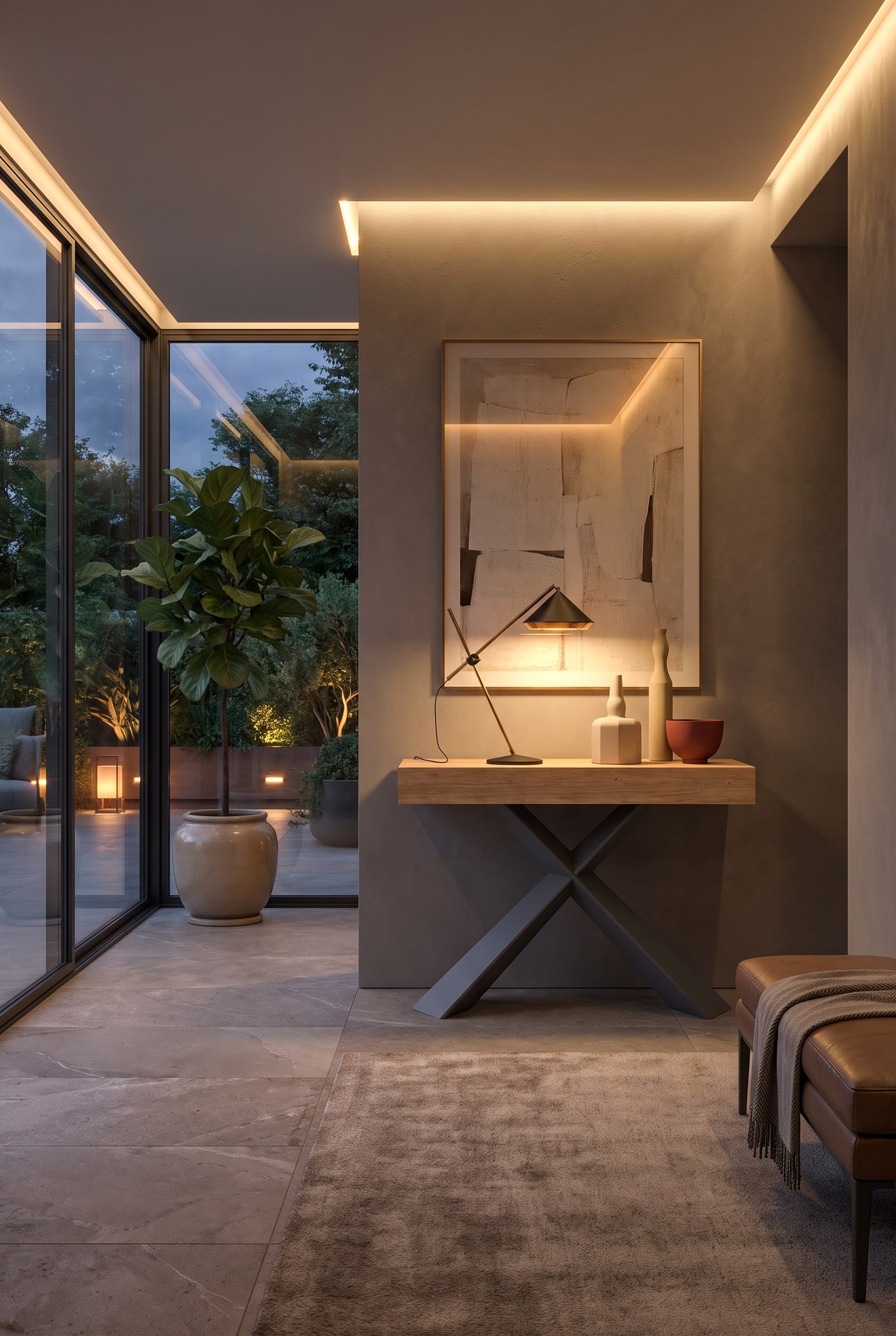 Couloir au design moderne avec une &eacute;l&eacute;gante console en bois et des pieds en m&eacute;tal crois&eacute;s