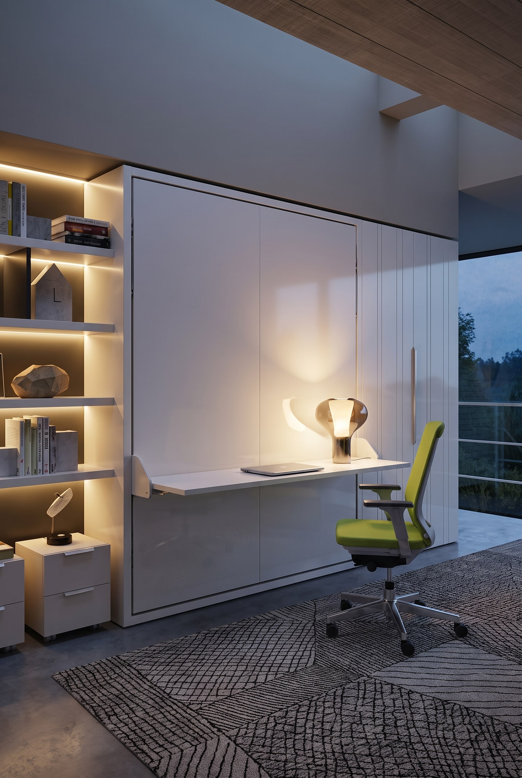 Modernes Home-Office im kompakten Gästezimmer mit einer sanften Lichtinsel über einem eleganten Schrankbett samt integriertem Schreibtisch.