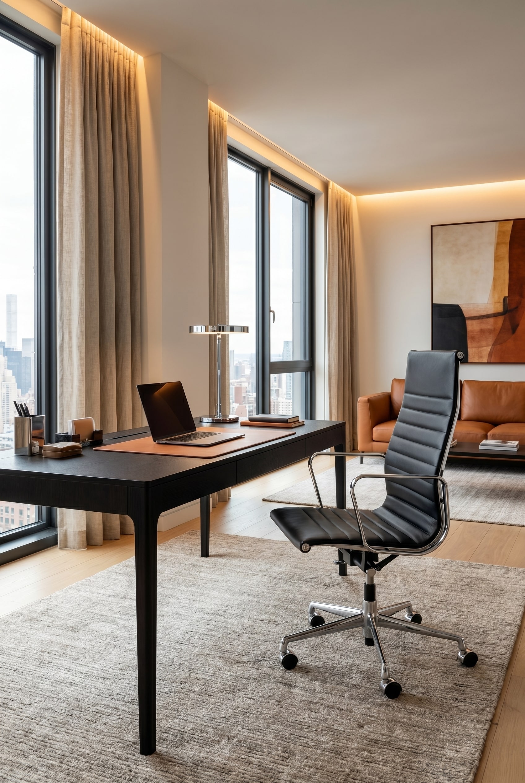 Fauteuil de bureau de direction noir avec surpiqûres horizontales devant un bureau minimaliste et un mur clair