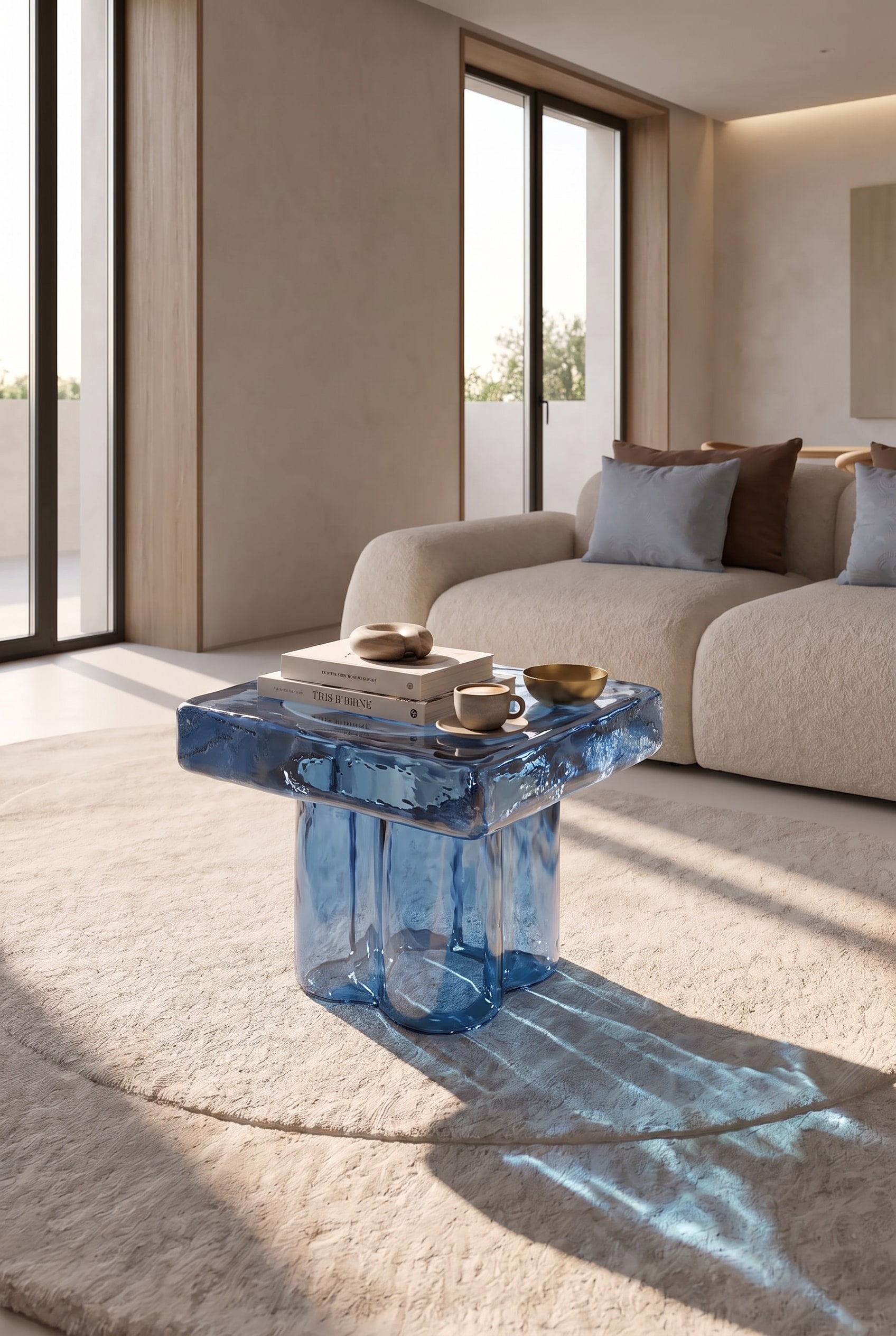 Salon lumineux avec une table basse carrée en verre de Murano transparent couleur ambre sur un tapis en laine texturé.
