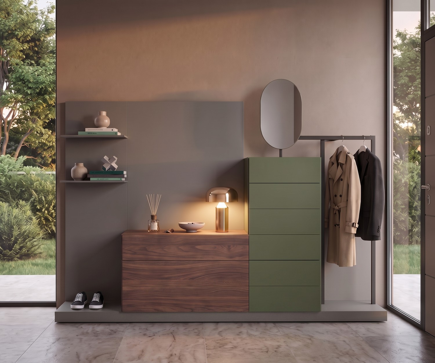 Vestiaire d'entrée Novamobili Easy 9 avec commode modulaire, miroir et penderie en vert et bois pour un hall moderne.