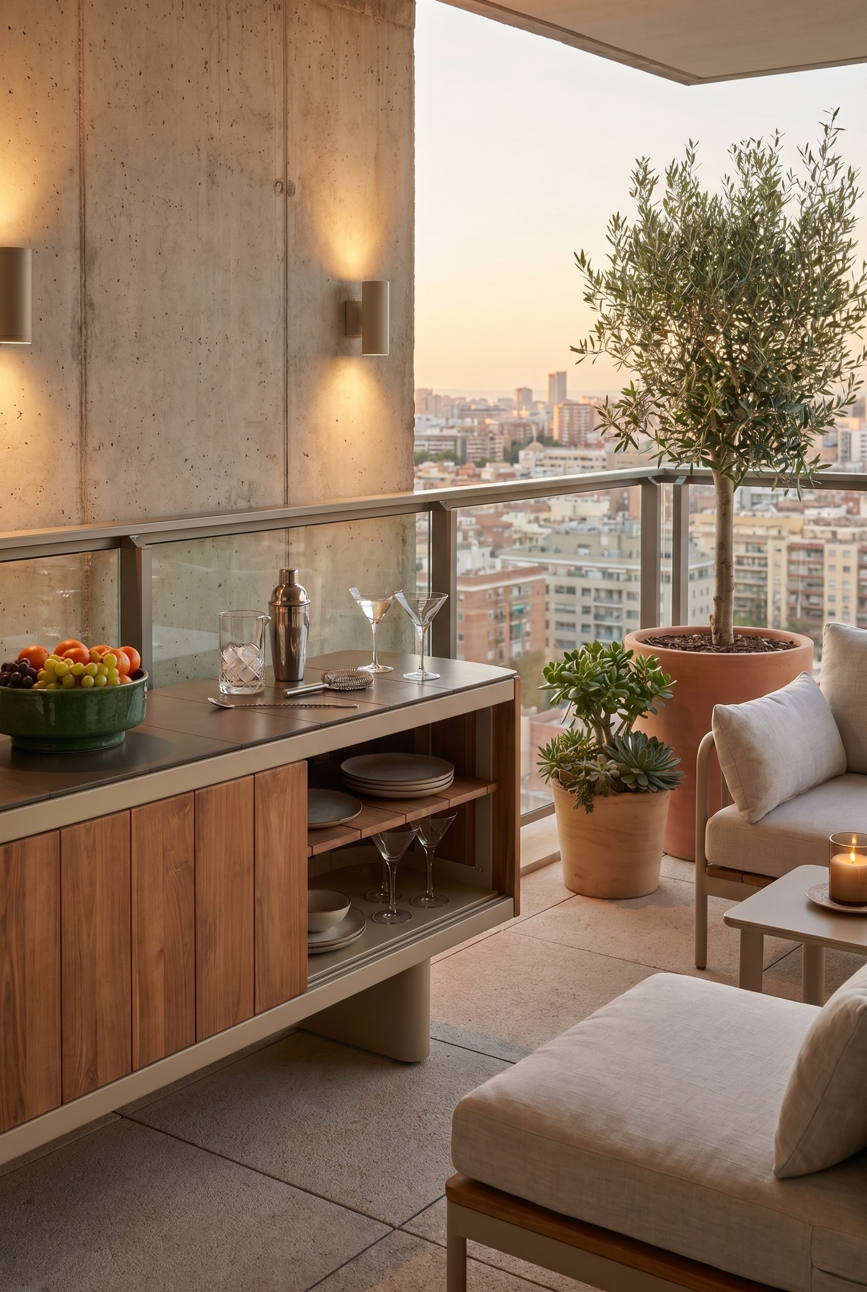 Buffet d'ext&eacute;rieur de haute qualit&eacute; en bois de teck avec plateau en c&eacute;ramique fonc&eacute;e sur un balcon urbain, avec des verres &agrave; cocktail dessus