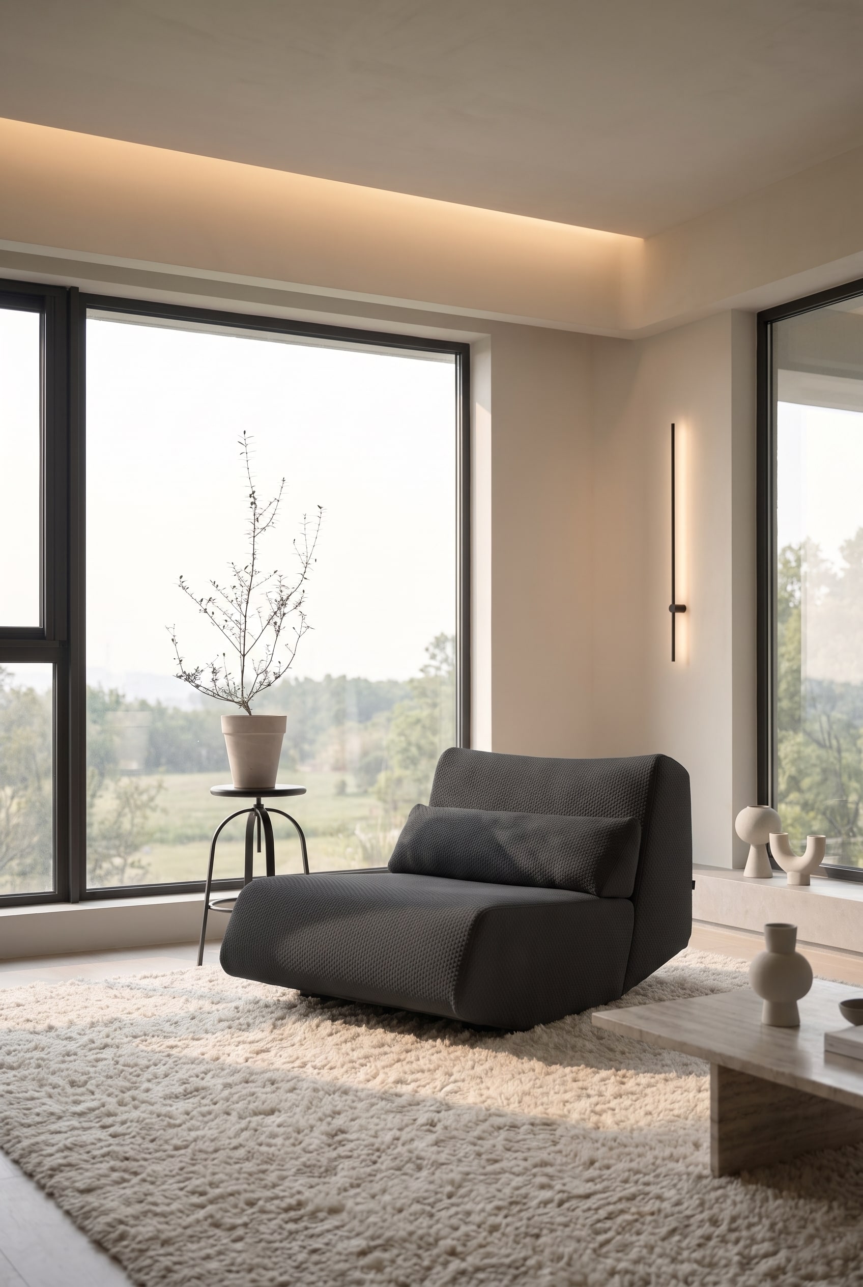 Salon de style lounge avec fauteuil rembourré bas et tapis en laine à poils longs