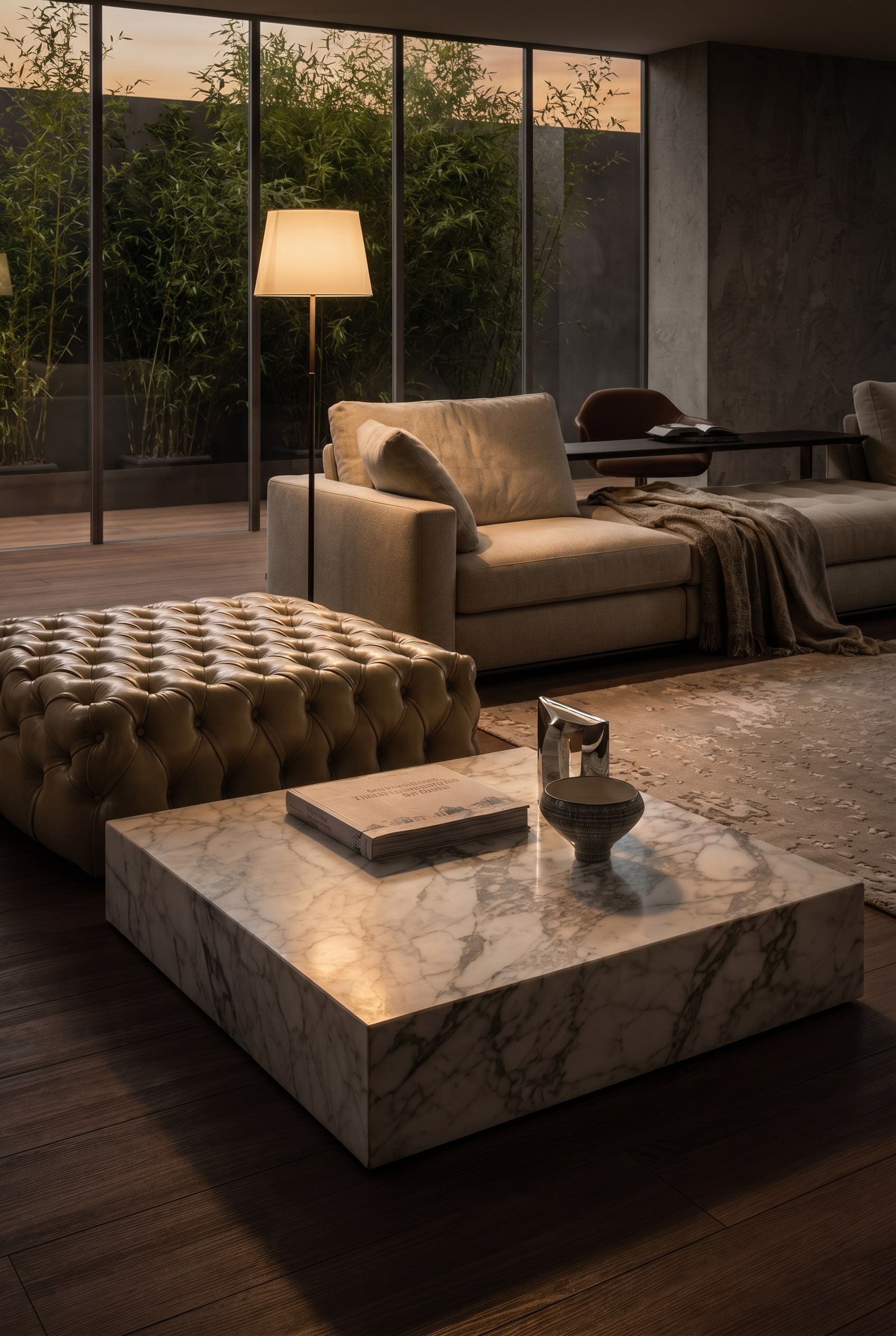 Marelli Couchtisch Thor en marbre clair, &eacute;clair&eacute;e par une lumi&egrave;re rasante lat&eacute;rale chaude dans un salon