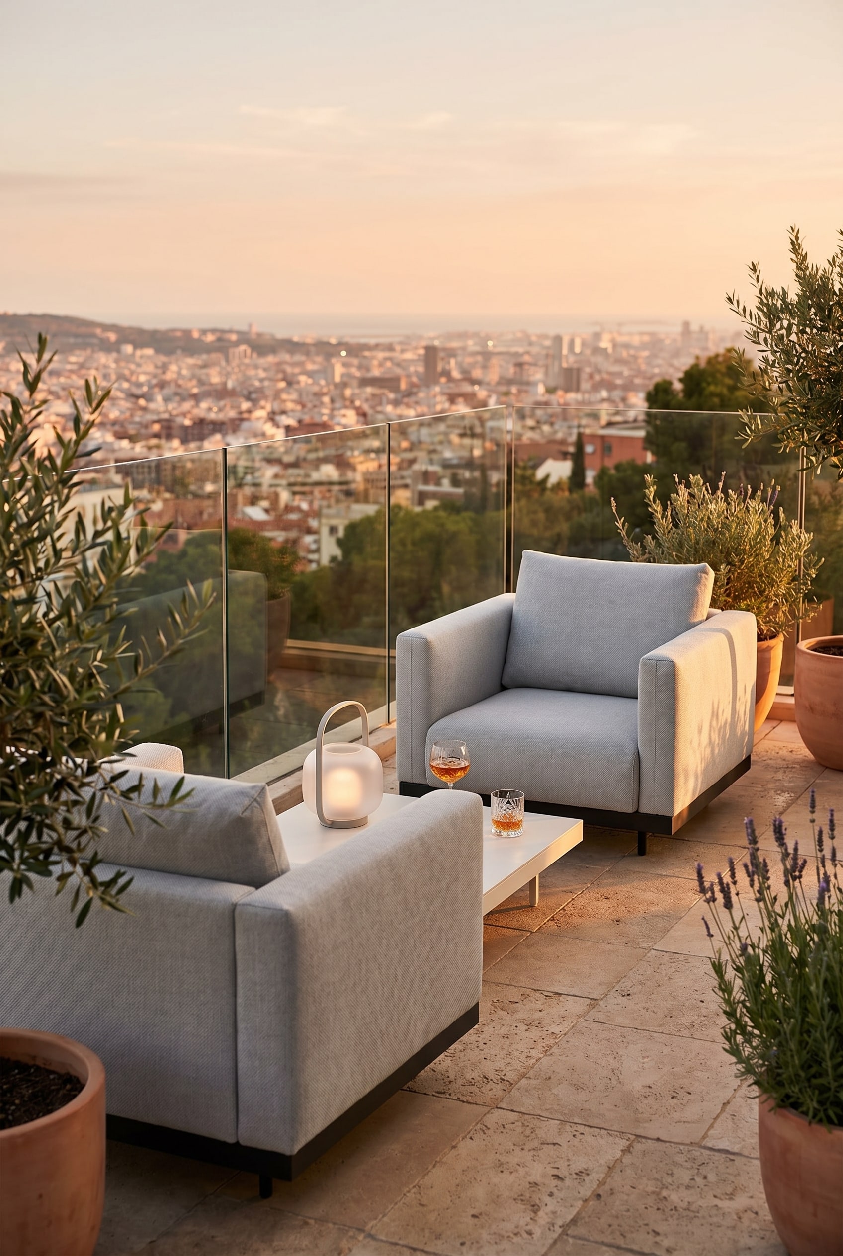 Minimalistischer Balkon mit tiefem, kubischem Outdoor-Sessel in Hellgrau vor Steinmauer
