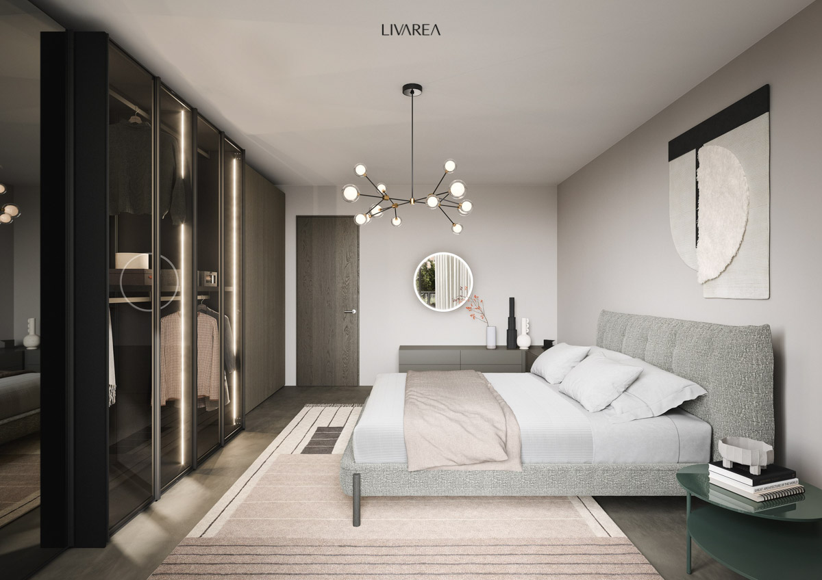 Moderne slaapkamer met ingebouwde kledingkast en gestoffeerd bed Moderne slaapkamer met ingebouwde kledingkast en gestoffeerd bed