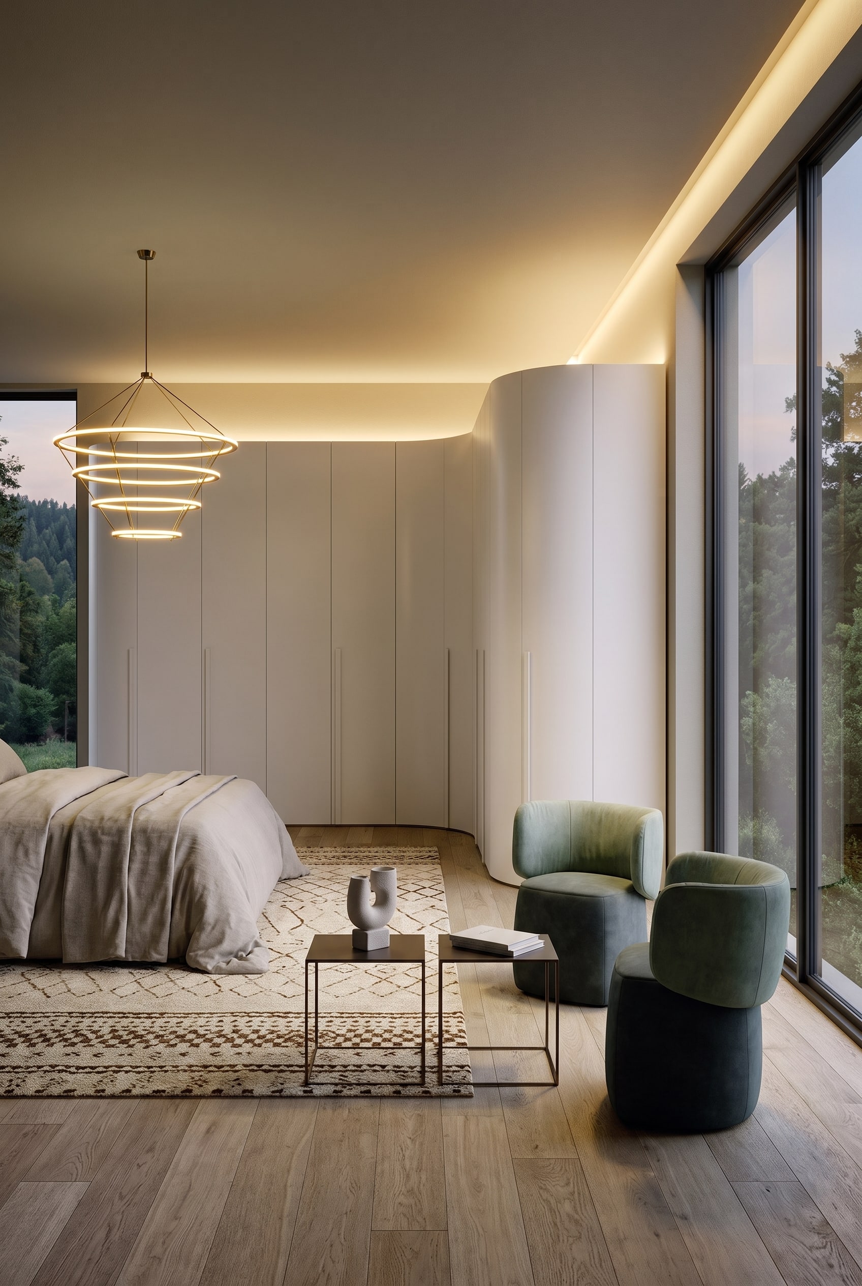 Chambre élégante avec une armoire blanc mat, présentant une solution d'angle douce et courbée sur le côté droit, sur un parquet clair