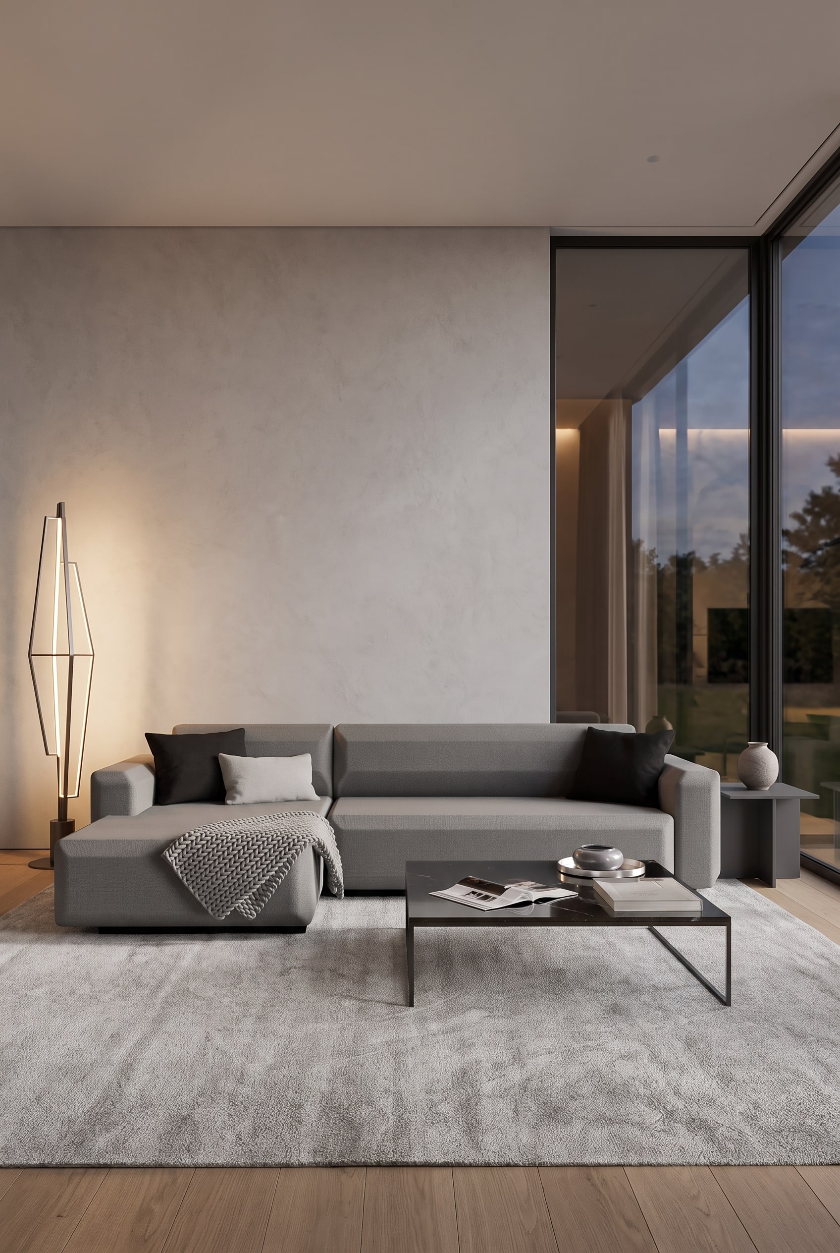 Salon élégant avec un canapé-lit gris dégradé, un mur texturé et des coussins décoratifs plus foncés