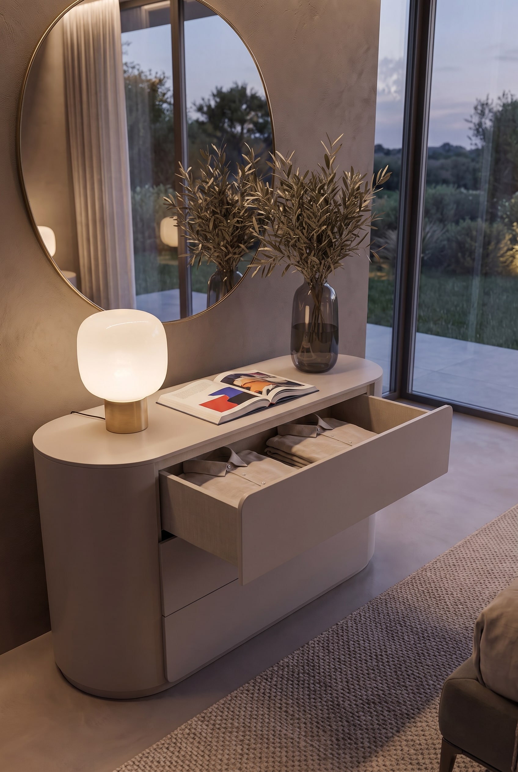 Tiroir ouvert de la commode Livitalia, montrant des chemises pliées et l'intérieur soigneusement fini.