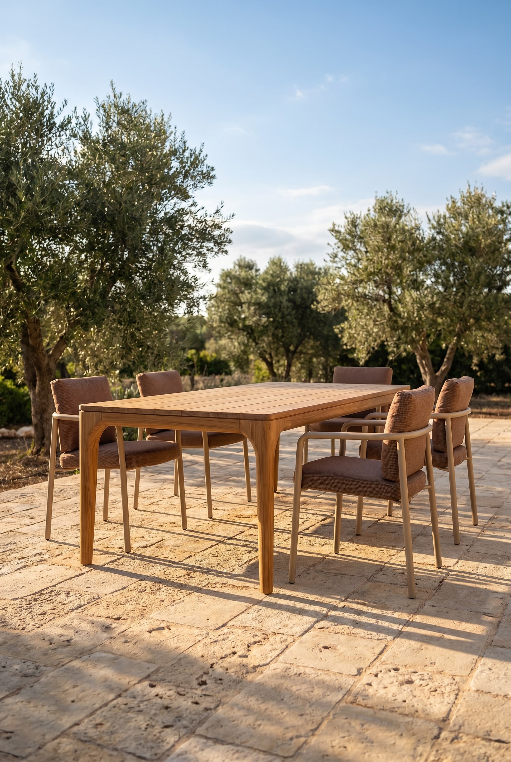 Terrasse méditerranéenne en pierre avec une table à manger massive en teck et des chaises de jardin minimalistes en acier beige